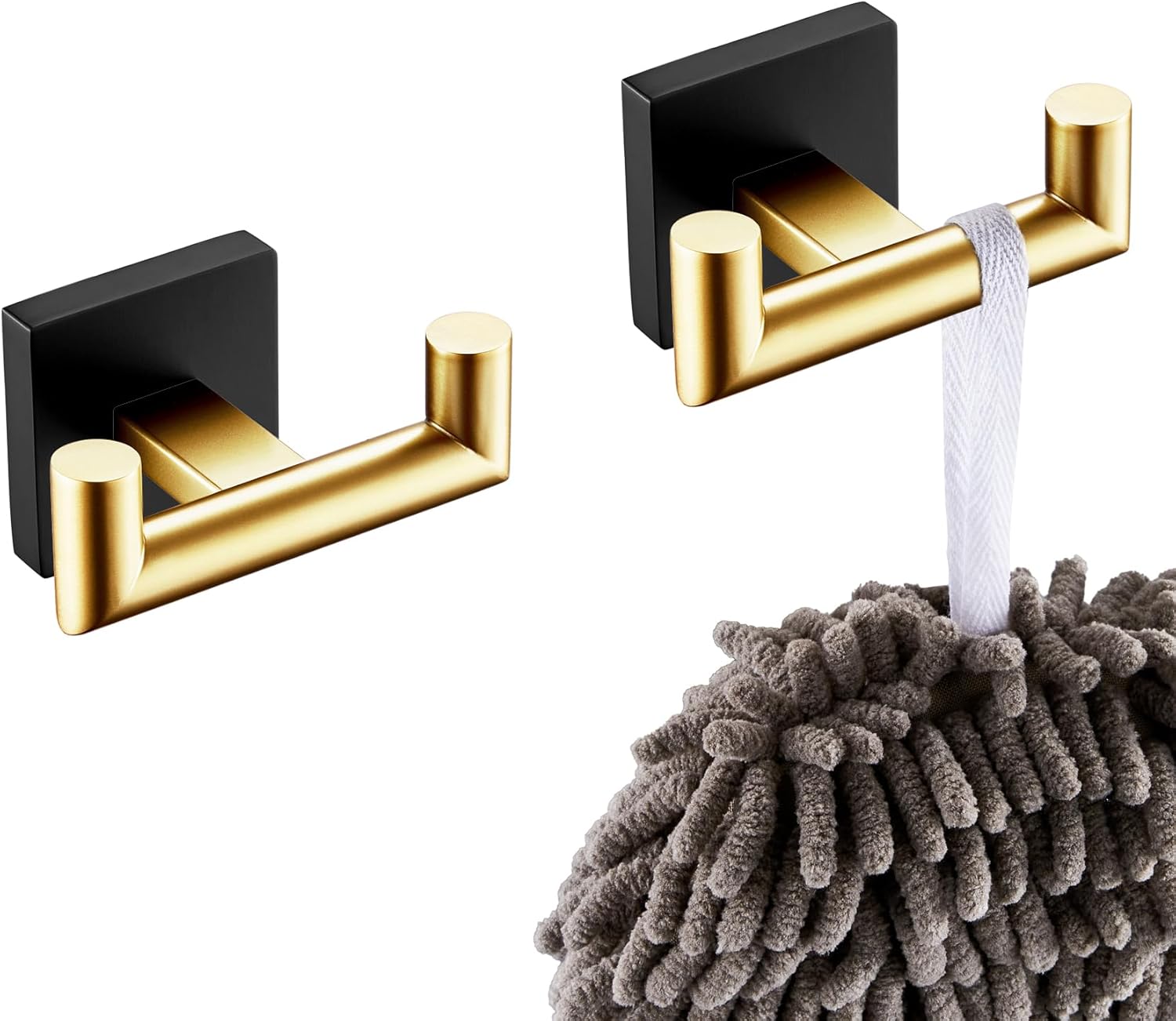 KOKOSIRI Robe Hooks Bath Towel Hooks Bathroom Hardware Double Coat Hooks Wall Mounted, Stainless Steel 2 Pack Black with Gold B1015GDK-P2