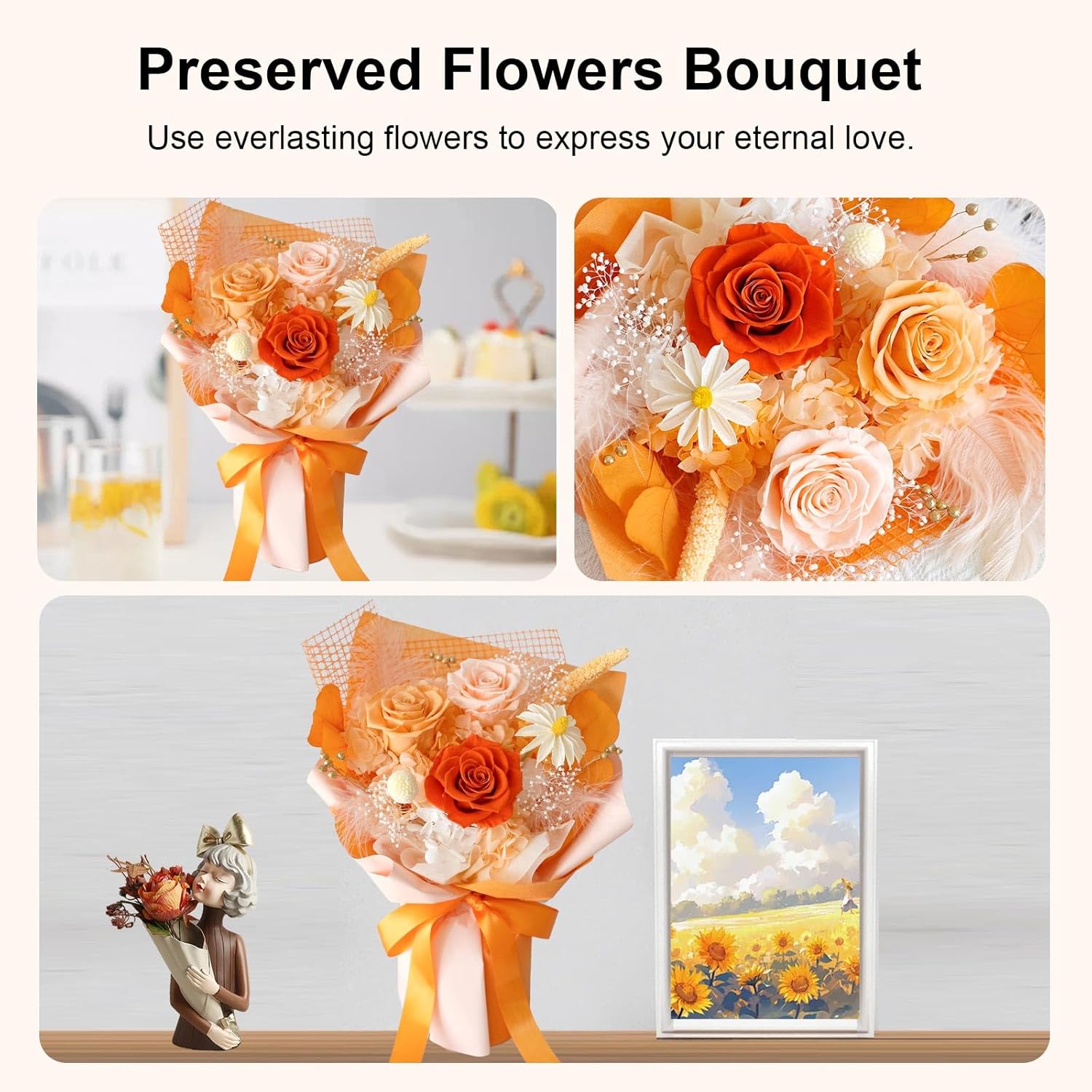 Preserved Flowers Bouquet, Forever Flower for Delivery, Long-Lasting Rose Bouquets Gifts for Women Wife Mom on Anniversary Birthday Wedding (Orange) - Image 7