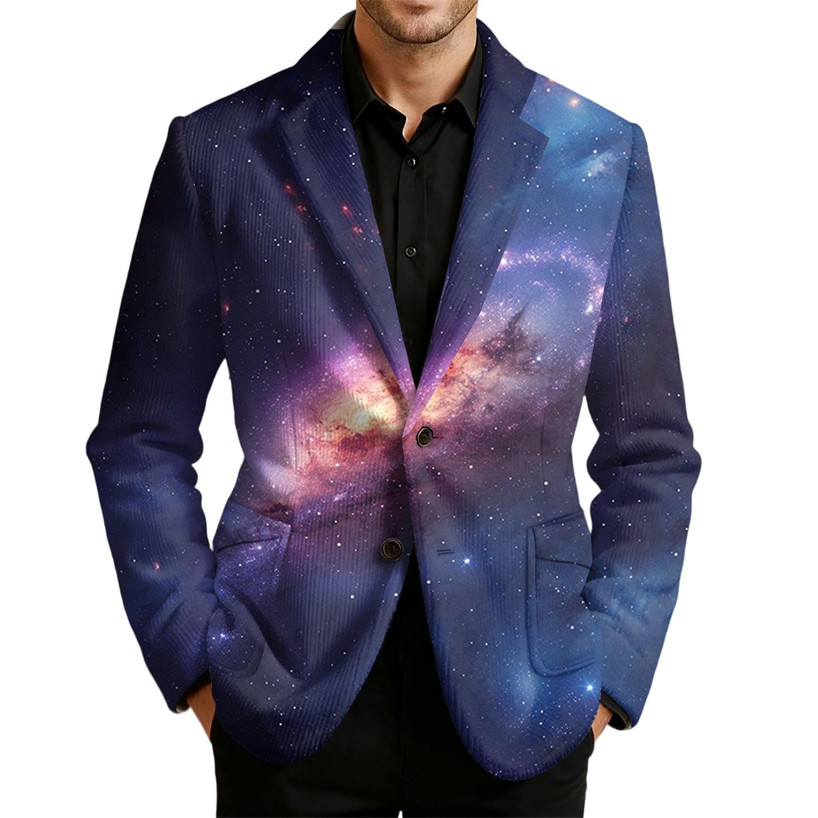 Chaqueta de pana con estampado único de cielo estrellado cósmico, elegante y casual para caballeros modernos.