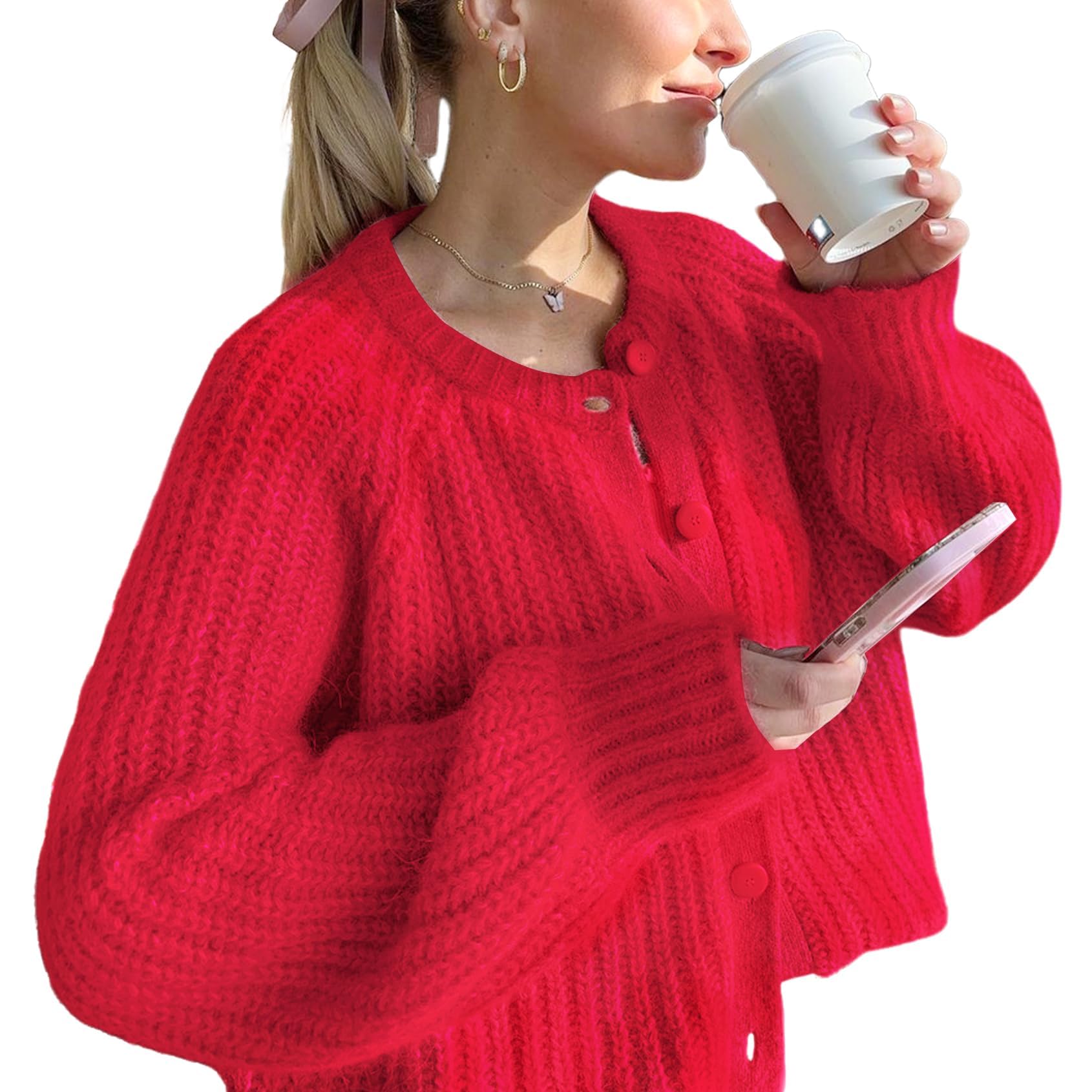 Womens Cardigan Sweater Chunky Knitted Crew Neck Long Sleeve Button Down Jackets Open Front Loose Casual Coat