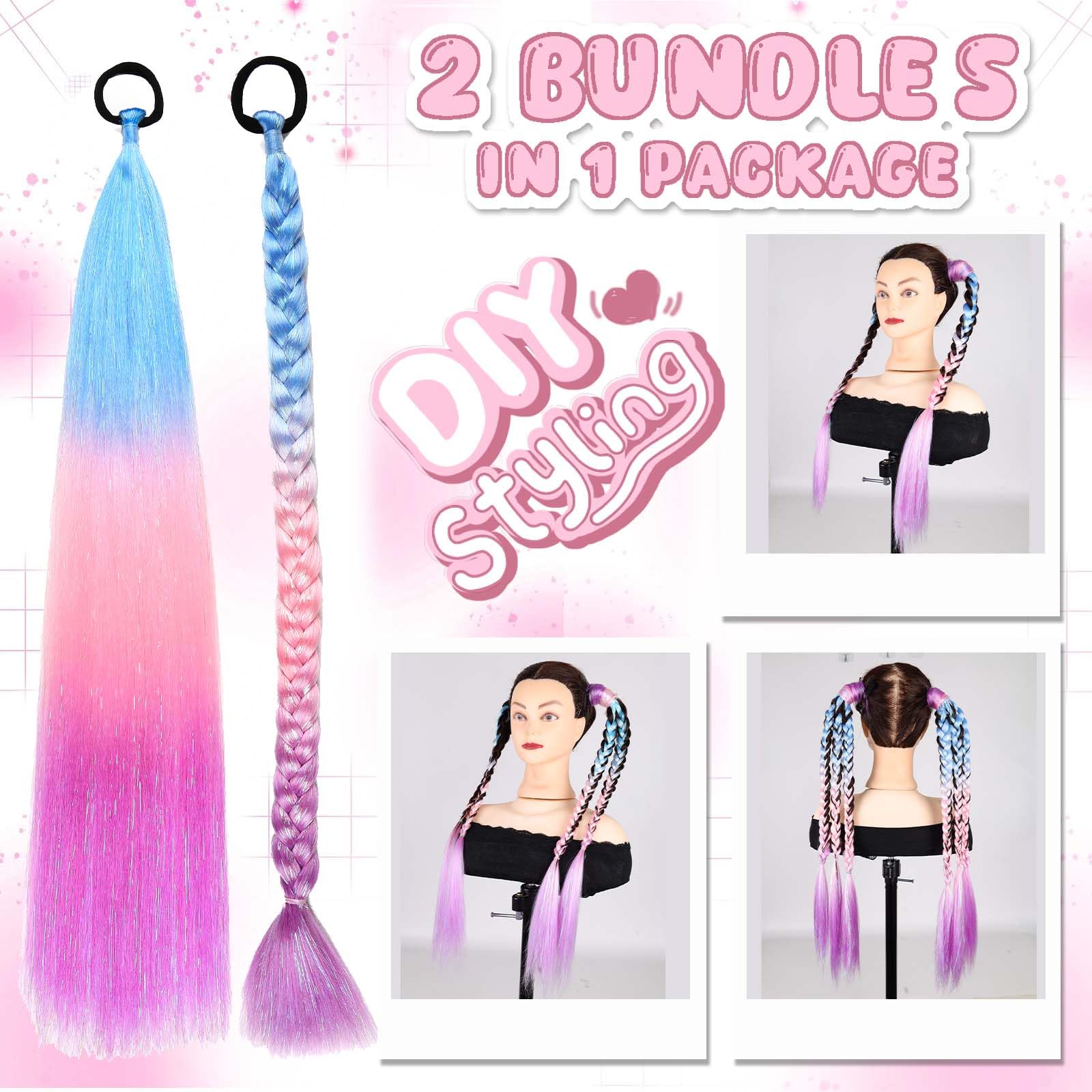Rainbow Ponytail Extensions With Hair Tie 2 Packs 50g/Pack Coloured Hair Extensions for Braiding 26 inch Colorful Ombre Mermaid Pony Tail Synthetic Hair Extensions for Girl Women #S32 - Image 3