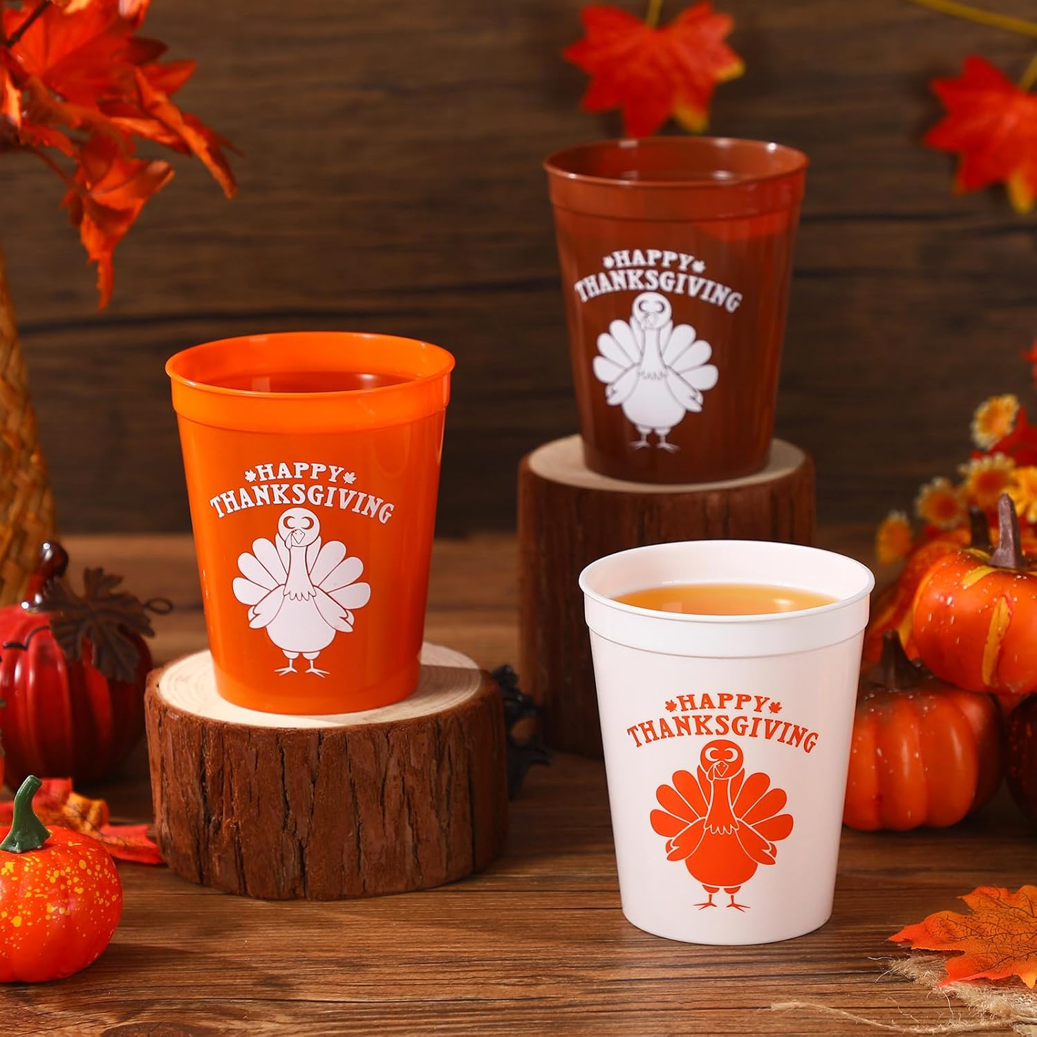 Tioncy 60 Pieces Thanksgiving Plastic Cups 12 oz Orange White Turkey Reusable Cups Bulk Disposable Cups for Thanksgiving Dinner Birthday Party Supplies Drinkware Beer Beverage Coffee Juice, 3 Colors