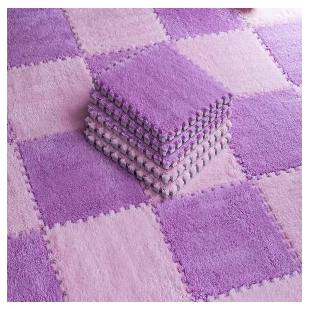 Tappetini in schiuma di peluche ispessita, ad incastro, morbido, antiscivolo, a pelo lungo, per stanza dei giochi dei bambini, tappeto puzzle con bordi (rosa e viola, 32 pezzi)