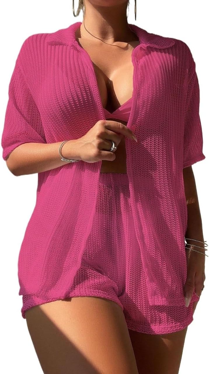 Womens Summer Beach Solid Color Cover Up Top And Pants Set cover ups for swimwear
