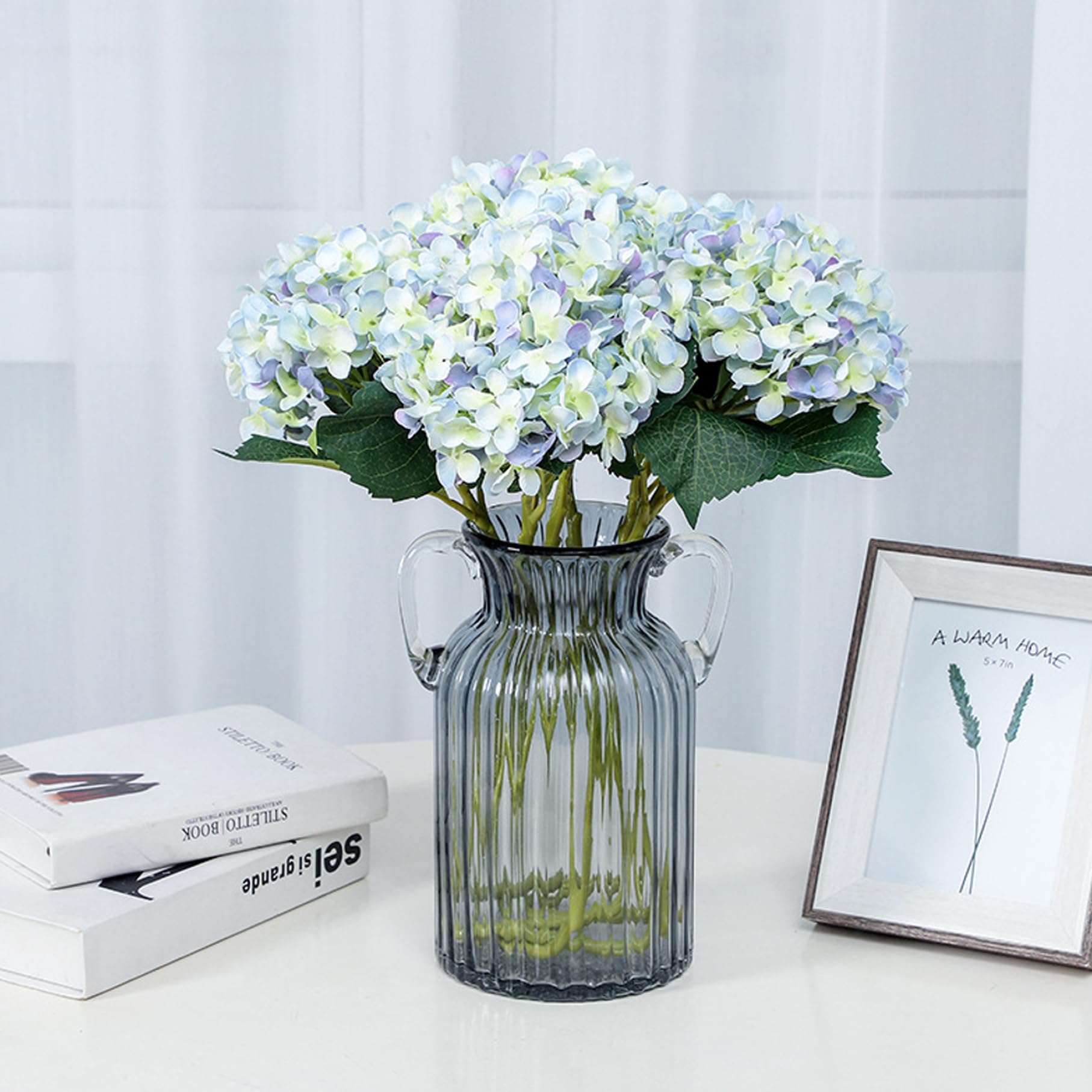 4 piezas de flores artificiales de hortensias azules, flores artificiales de hortensias de tela de 22 pulgadas con detalles exquisitos, sin riego, imitación para decoración del hogar y fotografía.
