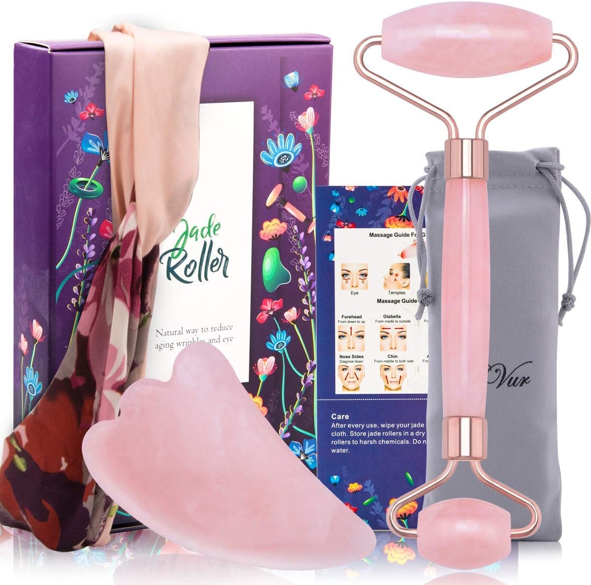 Rose Quartz Roller & Gua Sha Massage Tool, 100% Natural Jade Roller, 2 in 1 Anti-aging Crystal Face Roller for Cheeks Slimmer, Skin Tightening, Rejuvenate Skin (Pink)