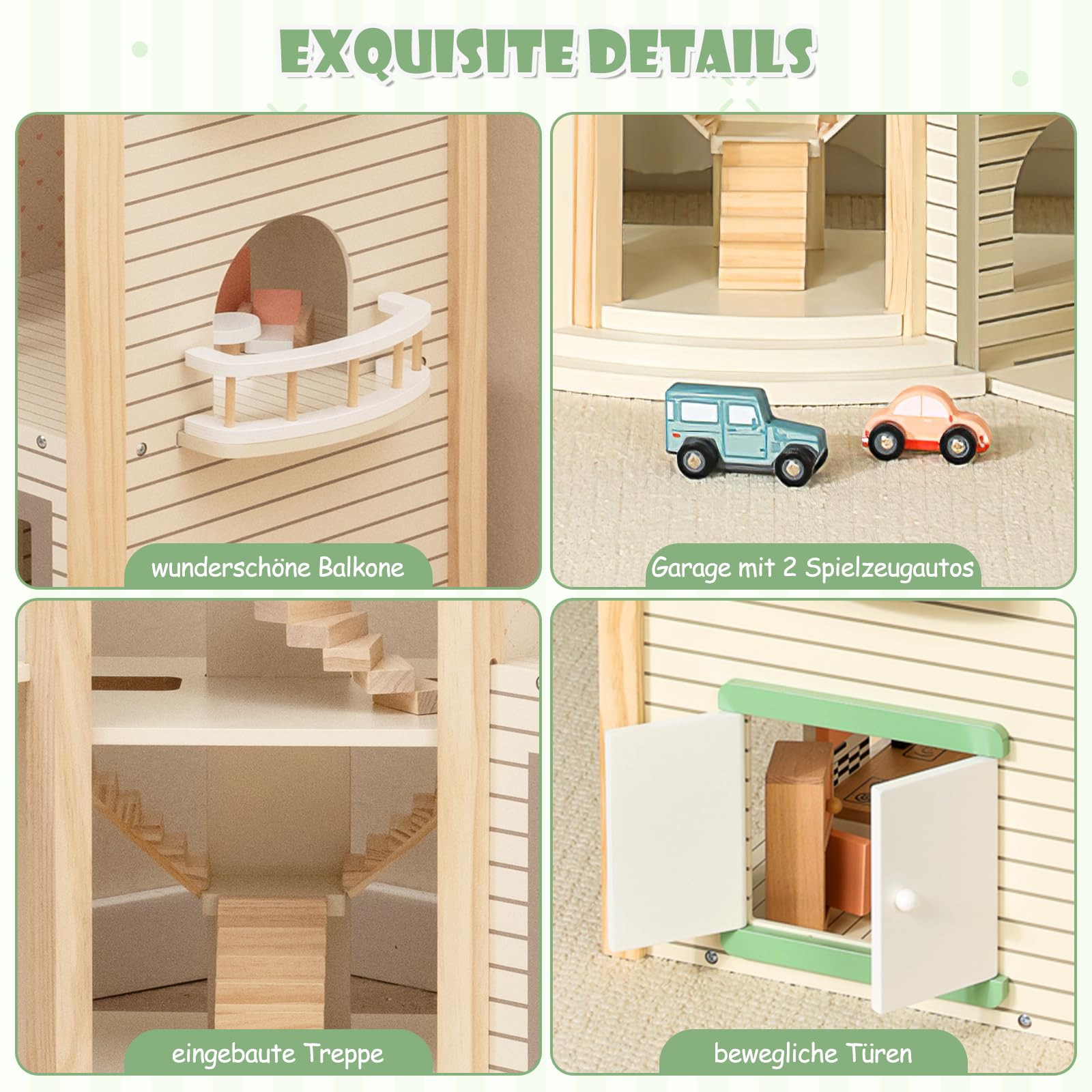 GOPLUS Puppenhaus aus Holz, Dollhouse mit 36-teiligem Zubehör, Traumhaus mit 6 Zimmern, eingebauten Treppen & Balkonen & Garage mit 2 Spielzeugautos für Mädchen ab 3 Jahren (Model 1)