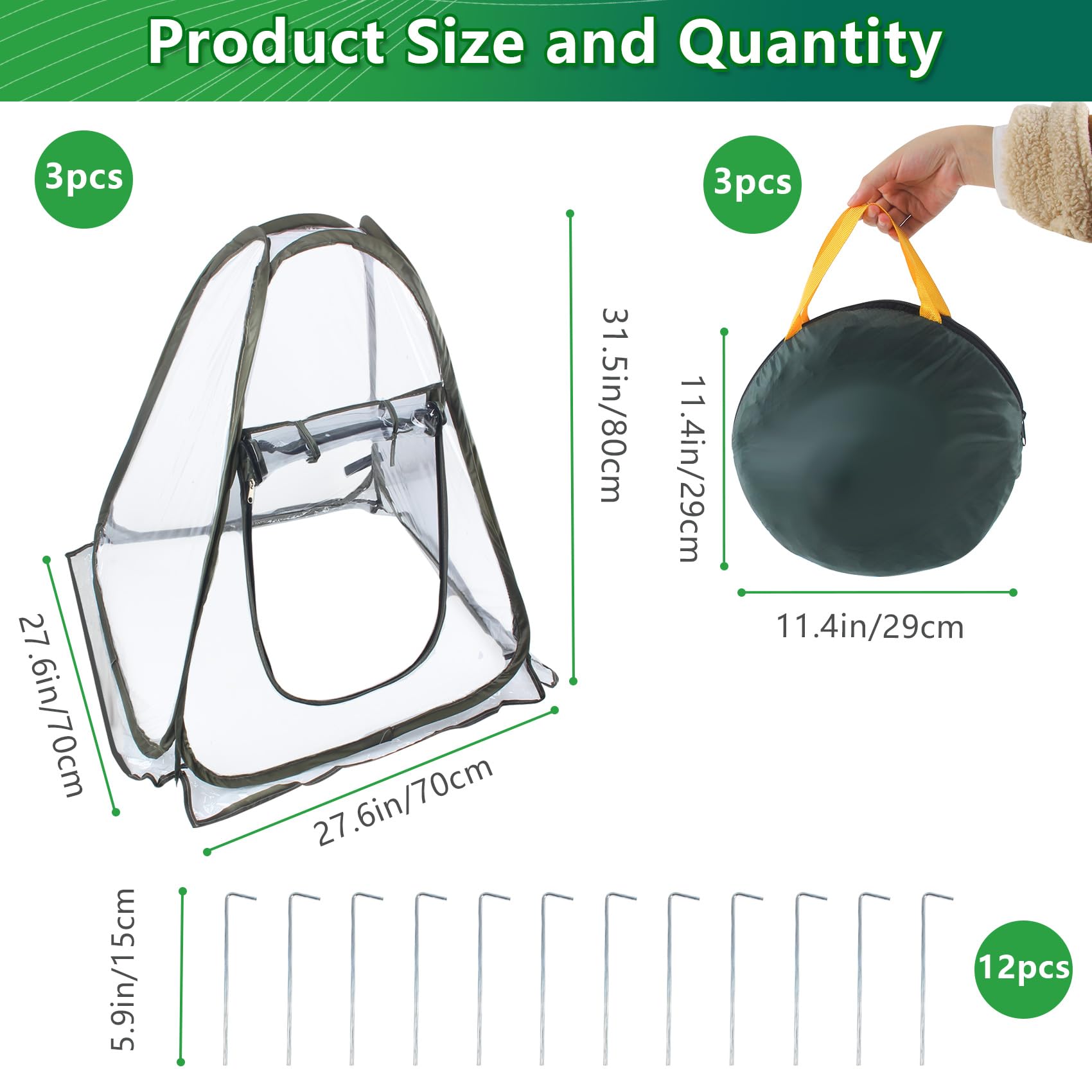DEDU Cubierta de invernadero emergente, pequeña tienda de campaña transparente portátil de 68 x 68 x 78 cm con 4 clavos fijos y herramientas, 3 piezas de mini tienda de invernadero de PVC para plantas