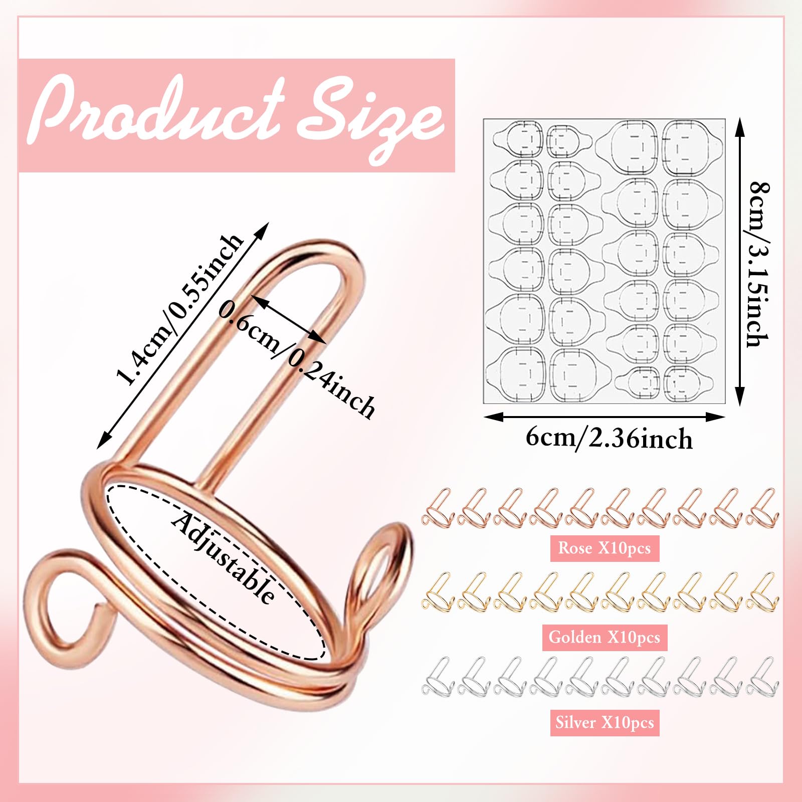 30 Pcs Wudu Nail Rings Adjustable Nail Rings with Adhesive Nail Tabs Clear Nail Tips Removable Reusable Fingernail Rings Set for Women Nail Art Decoration (Golden, Silver, Rose)