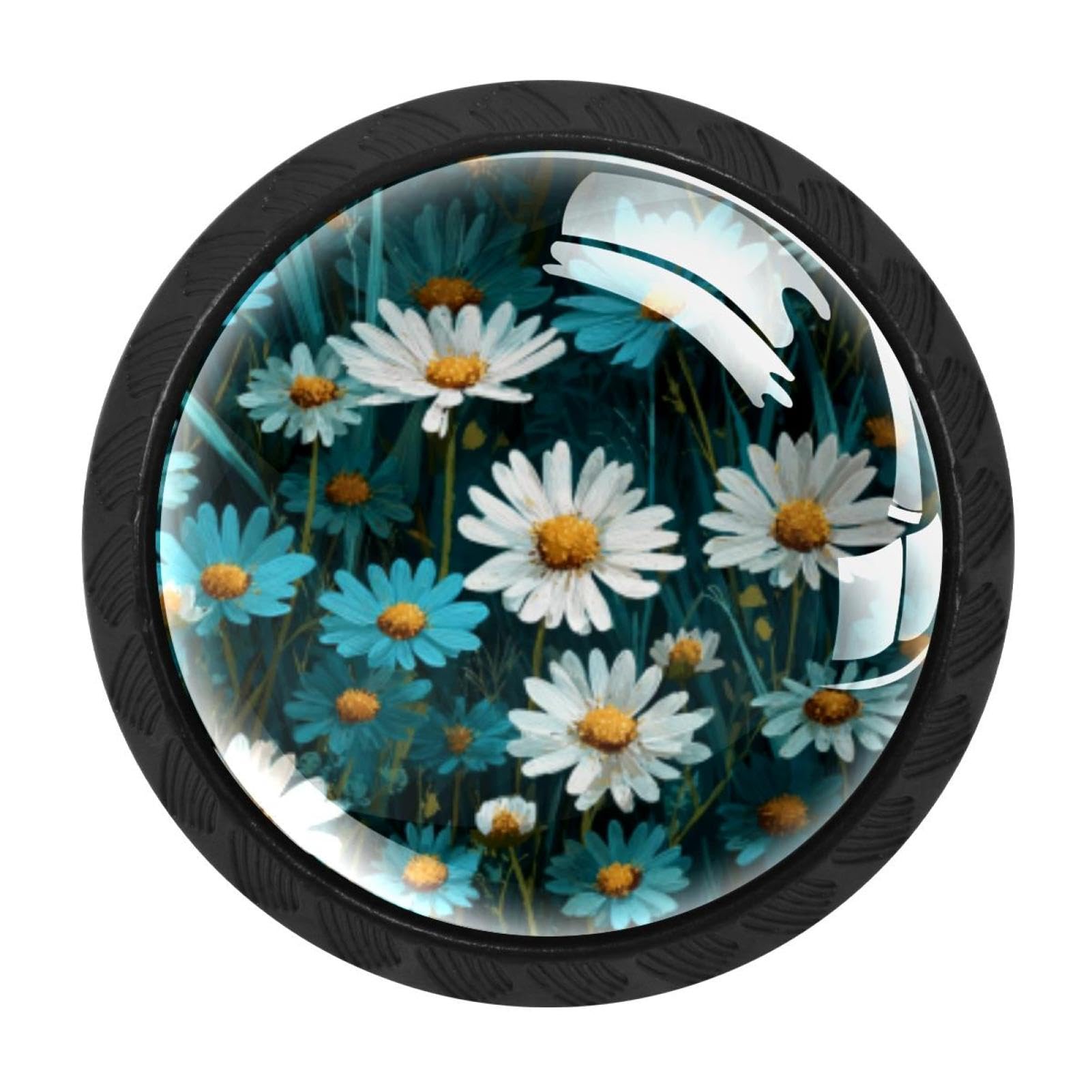 CHENZZZZ 4 Pack Round Cabinet Knobs for Kitchen Bathroom Closet Dresser Cabinets, Farm Teal Daisy (2)