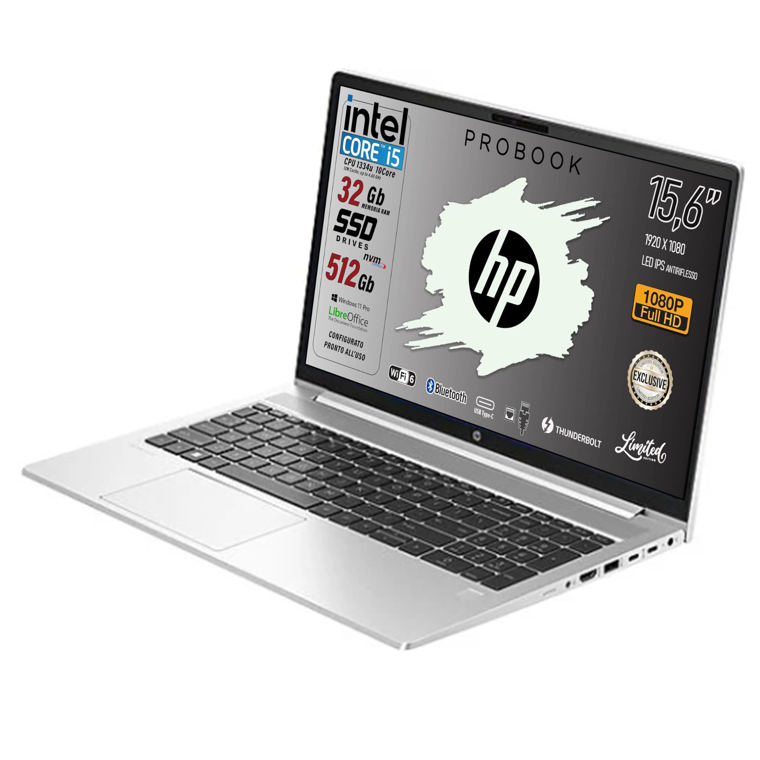 HP ProBook 450 G10 Notebook Portatile, Intel Core i5-1334U, Ram 32Gb, SSD PCI da 512Gb, Display IPS FHD 15.6", Wi-Fi6, 4USB di cui 2 Type-C, Lan, Thunderbolt, Fingerprint, Win 11 Pro, Pronto all'Uso