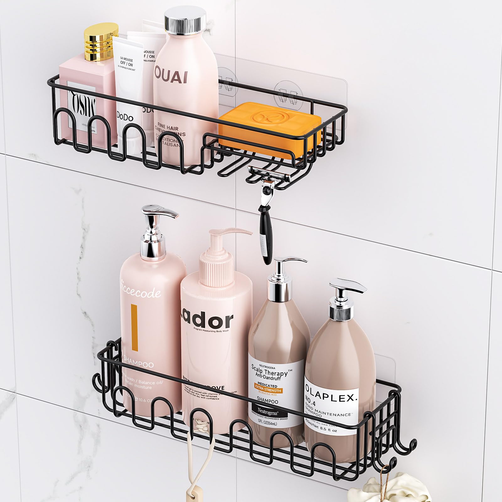 Adhesive Shower Caddy 2 Bonus Hooks 4-Pack Wall Mounted Bathroom Storage Shelf Rustproof Metal Basket Organizer for Kitchen