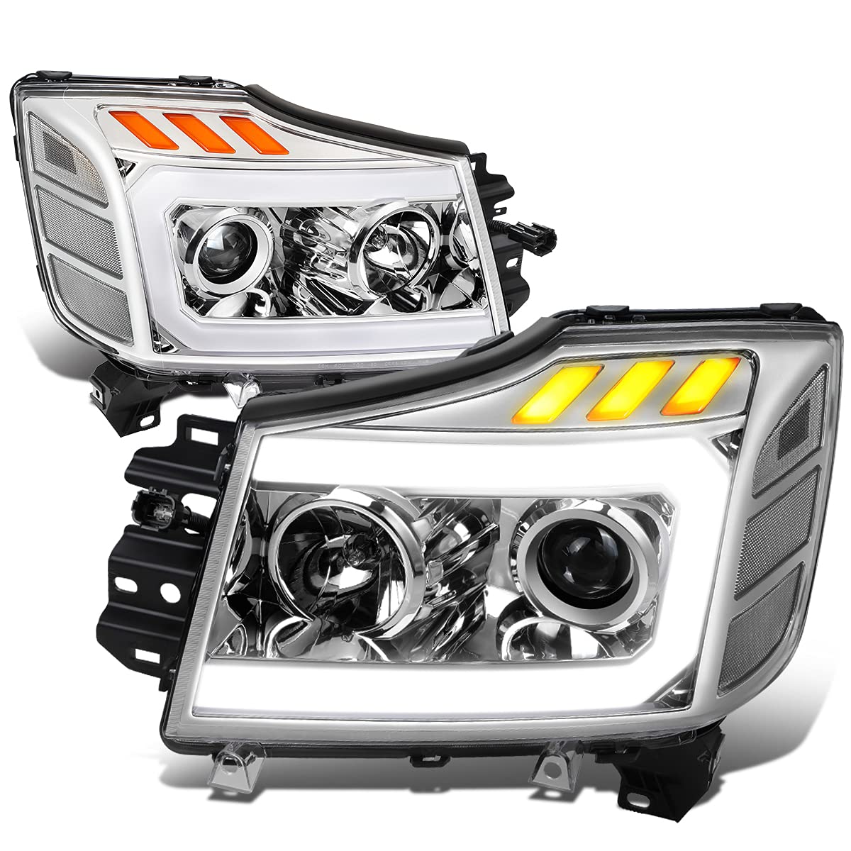 Auto Dynasty LED DRL Headlights Assembly Compatible with 2004-2015 Nissan Titan Armada, Driver and Passenger Side 3D DRL Headlamps w/LED Turn Signal, Projector Low Beam, Chrome Housing Clear Corner