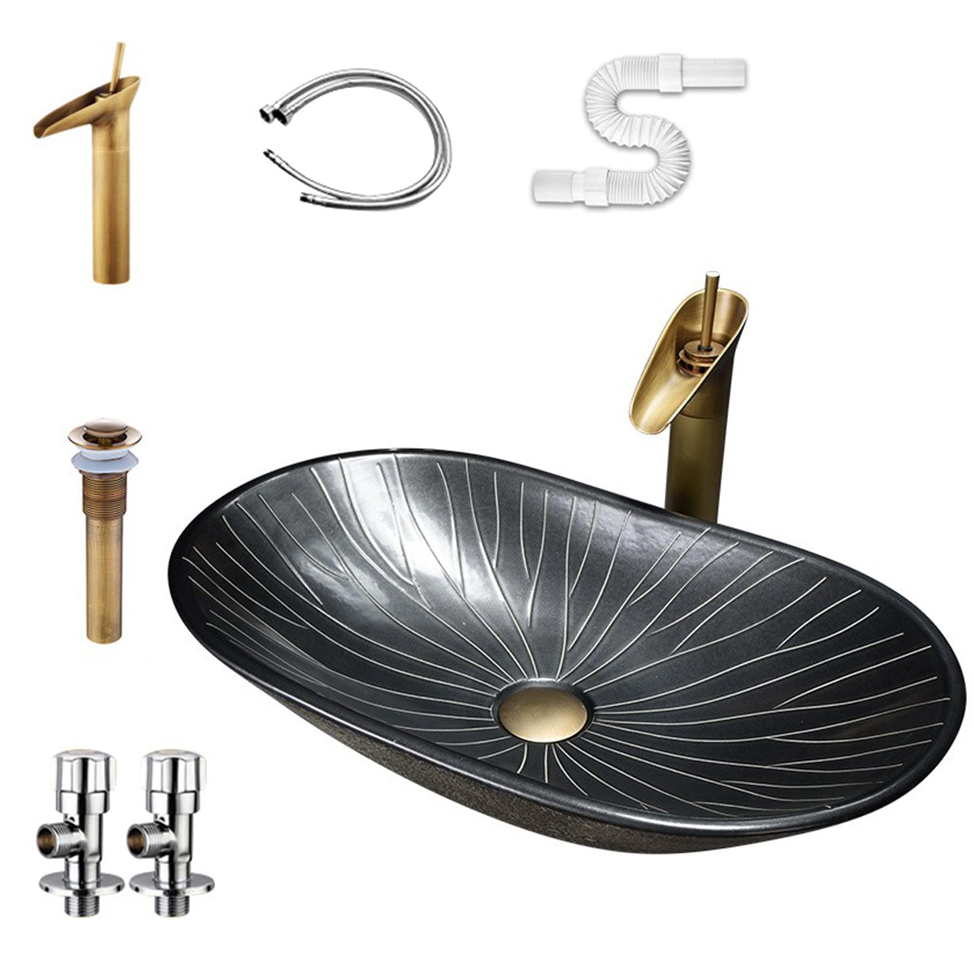 Owalna czarna umywalka nablatowa do łazienki Retro ceramiczna umywalka nablatowa do łazienki z baterią i korkiem klik-klak Umywalka nadblatowa Nowoczesna elegancka misa,Sink with faucet