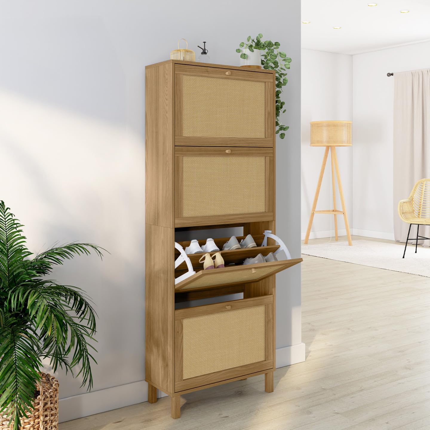 IDMarket - Meuble à Chaussures 24 Paires HANAE 4 Portes Effet Naturel cannage