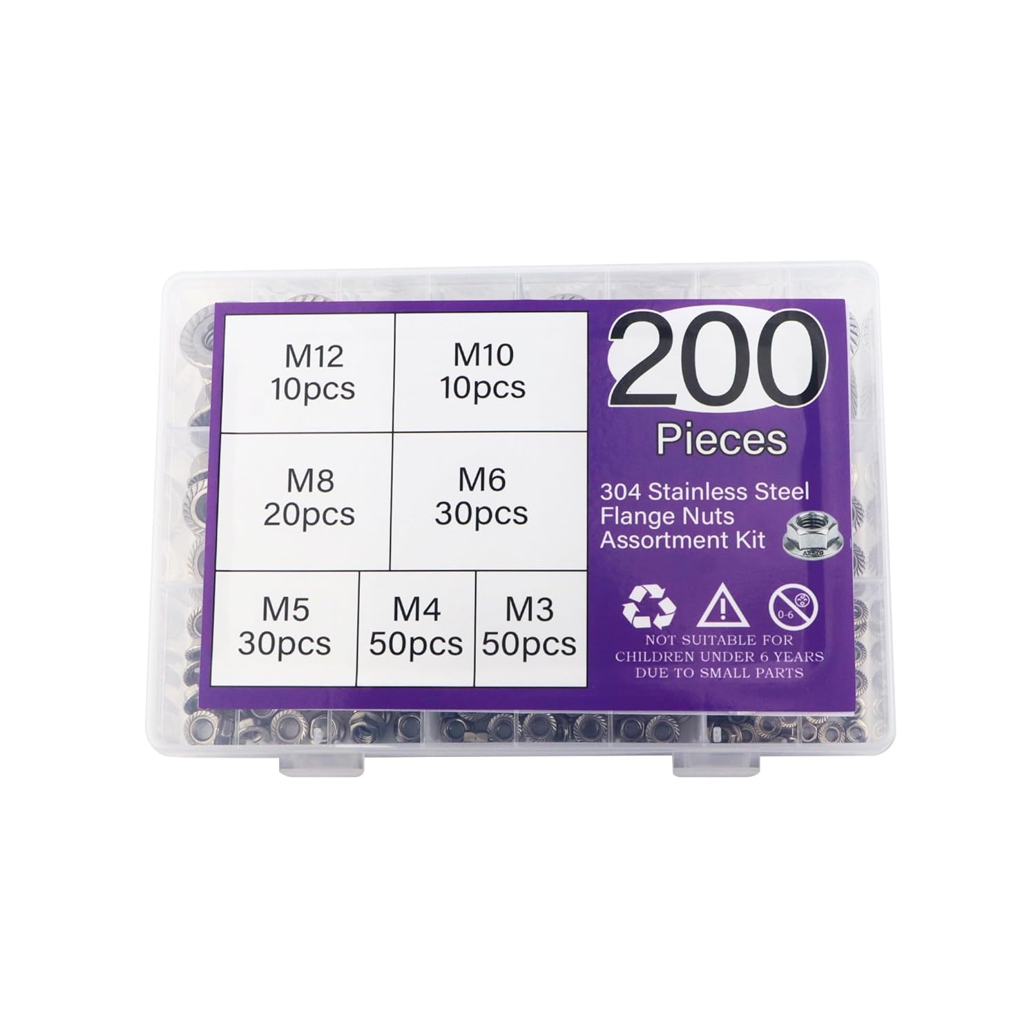 Serrated Flange Hex Nuts, 200 Pcs 304 Stainless Steel Hexagon Flange Nuts, Metric Hex Lock Nuts Assortment Kit - M3 M4 M5 M6 M8 M10 M12, DIN6923