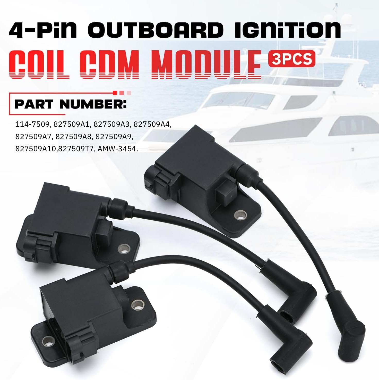 3 PCS Outboard Ignition Coil CDM Module 4-Pin Fit for Mercury MerCruiser 114-7509 827509T7 827509A10 Engine