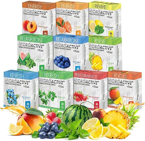Hydro Sabores activos de cachimba con aceites esenciales, All Active Mix Hookah Shisha en melocotón, fresa, mango, piña, sandía y menta, sabores de