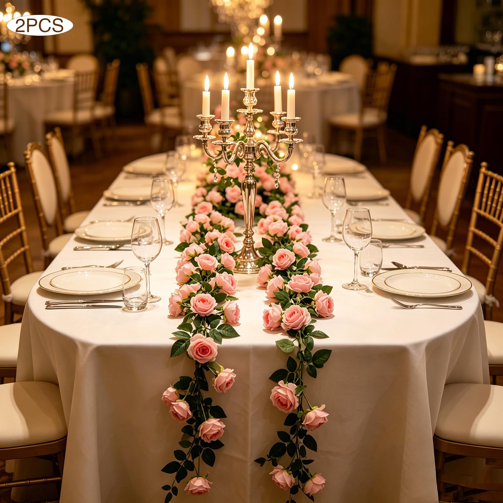 2er Set Künstliche Rosen Girlande, Seidenblumen Hochzeitsdeko(Rosa) | Champagner Rosen Girlanden mit biegsamen Stielen für Hochzeiten, Partys, Kamin, Türen und kreative Raumdekoration