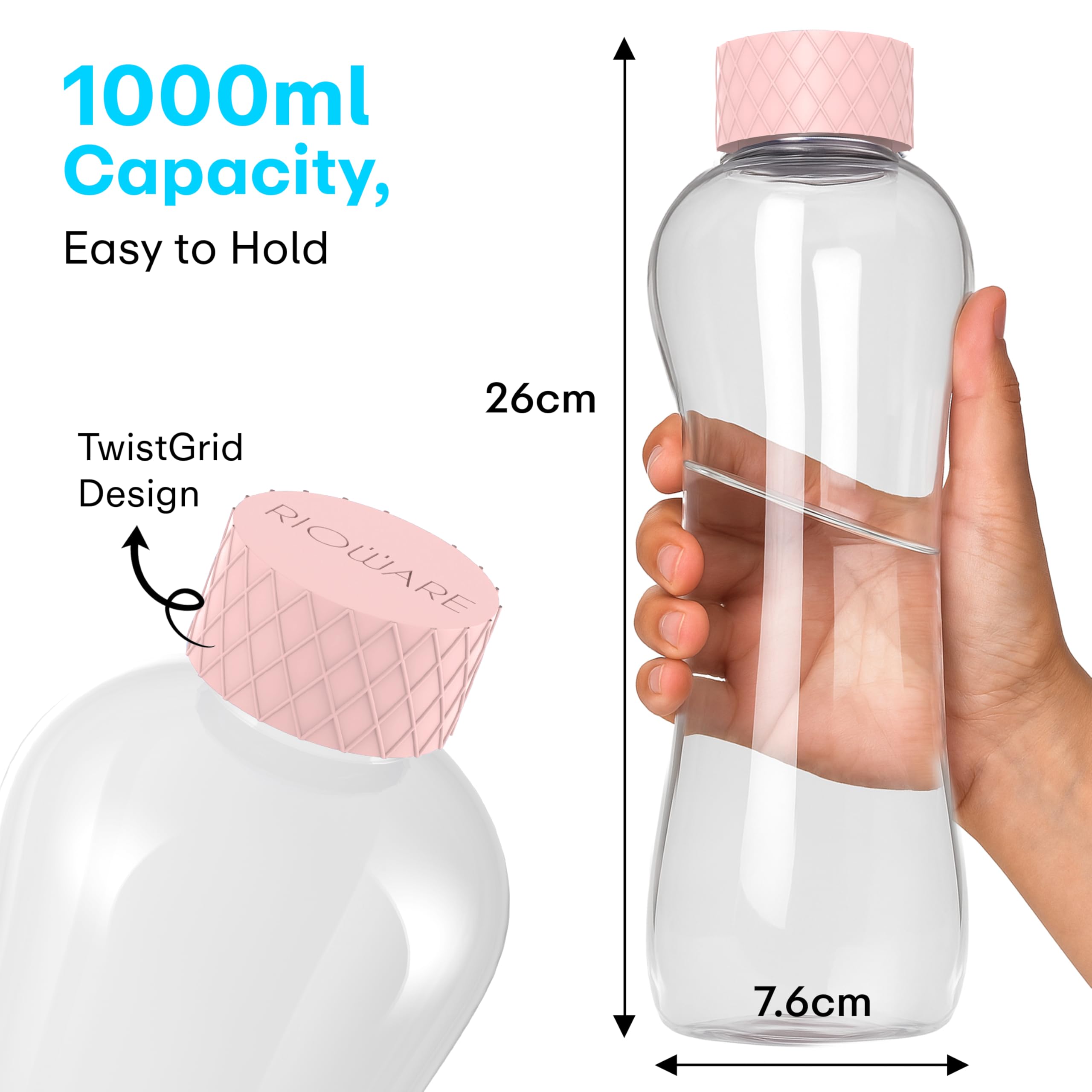 Rioware Botella de agua de vidrio de 1 litro, tapa hermética, a prueba de fugas, tapa de silicona, botellas de agua para nevera, hogar, oficina y gimnasio (rosa, paquete de 2)