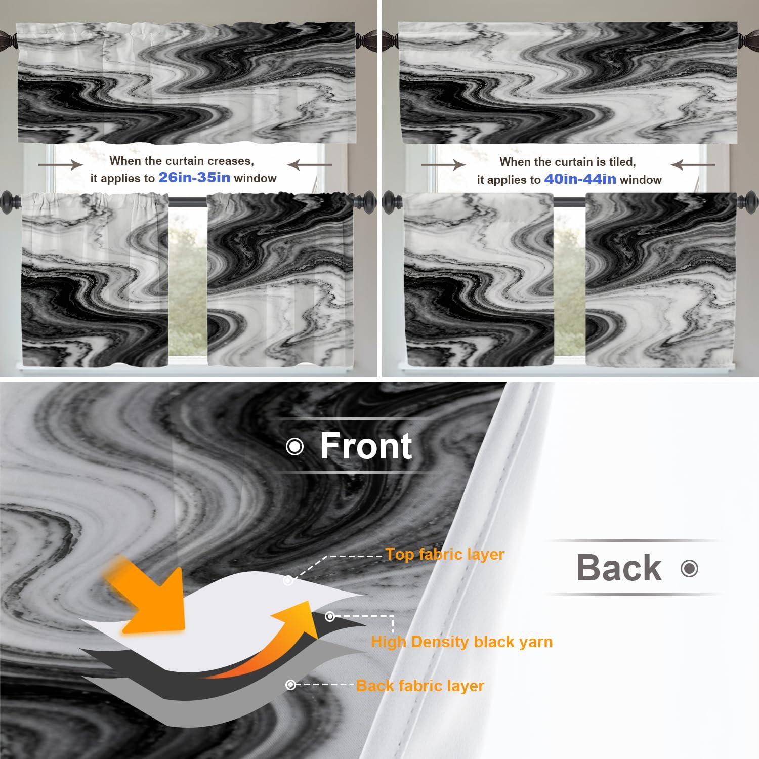 White Gray Modern Marble Kitchen Tier Curtains for Windows,Jet Black Art Texture Blackout Valances Multilayer Polyester Window Treatments for Kitchen 2 Pack 26X24 Inches