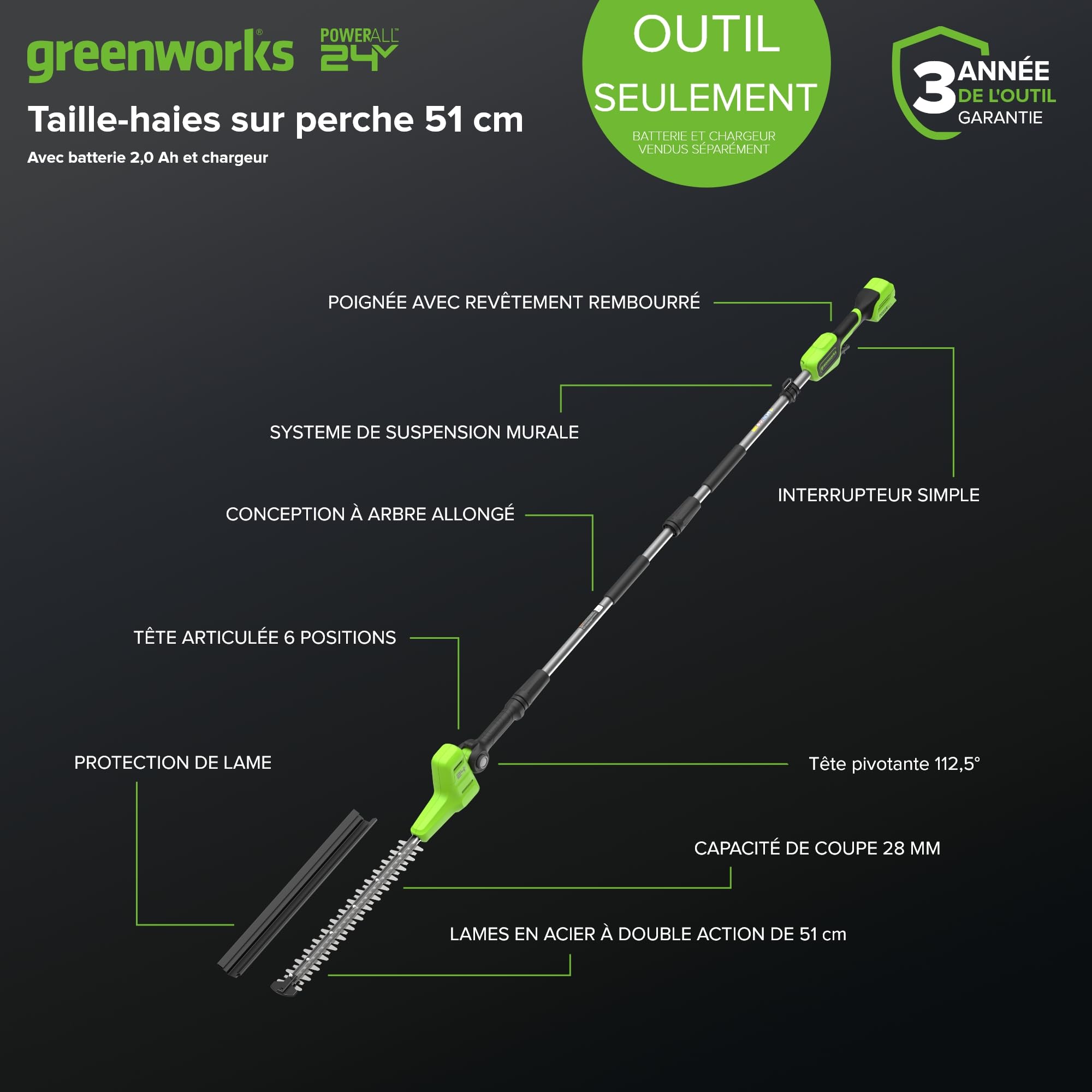 Greenworks 24V Cortasetos Pértiga a Batería con Eje Divisible, Cuchillas Doble Acción 51 cm, Cortes 28 mm, Pivote Cabezal de 112.5°, 3200 SPM SIN Batería ni Cargador PH24B01-01