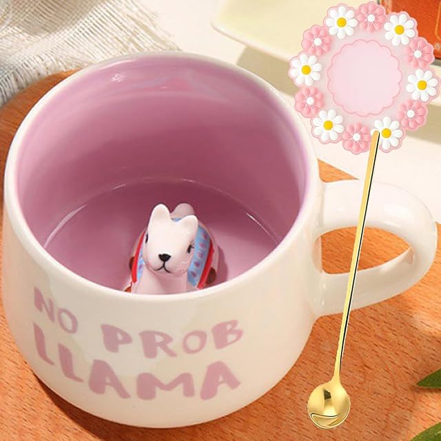 Arawat Kubek z alpaką, prezent dla kobiet, zabawny motyw zwierzęcy 3D, kubek ceramiczny, 350 ml, do herbaty, z łyżeczką i podstawką, zabawna sentencja, prezent urodzinowy dla dziewczyn i kobiet