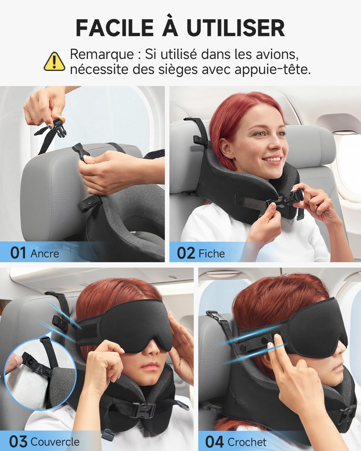 Umisleep Coussin de Voyage Mémoire pour Avion Support 360° Tête Cou, Noir | Coussin Cervical avec Masque 3D pour Longs Vols, Coussin Anti-Basculement pour Avion, Voiture et Train