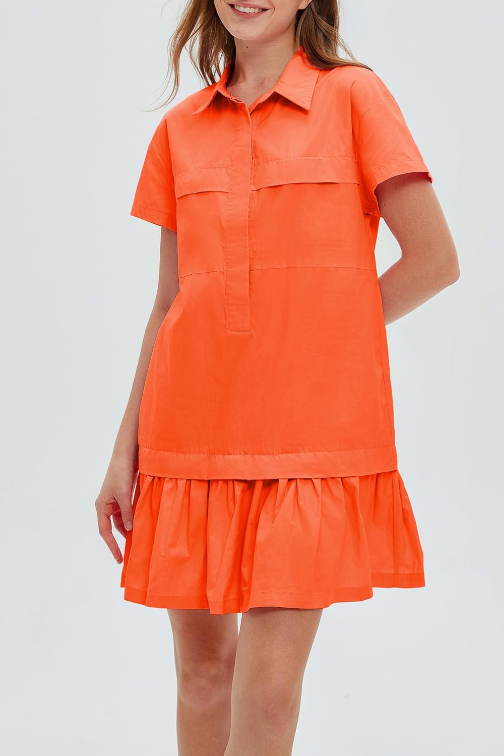 Women's Cotton Drop Waist Ruffle Hem Shirt Dress Short Sleeve Button Down Tunic Dress with Pockets - Image 5