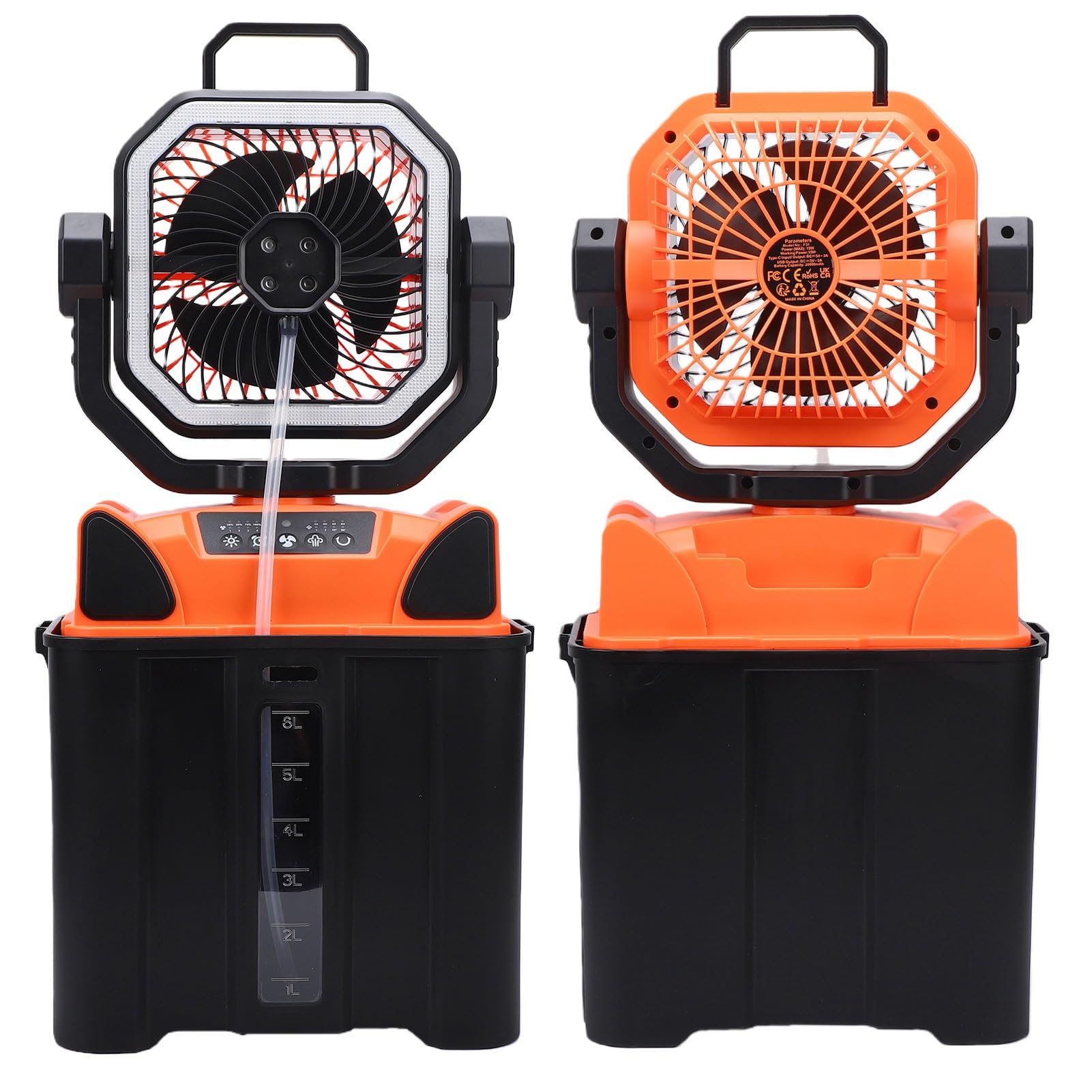 Ventilateur Brumisateur de Camping Rechargeable avec Seau de 6 L, Ventilateur de Tente Portable alimenté par Batterie de 20 000 MAh avec Lumière LED, Télécommande et Port de Chargement de
