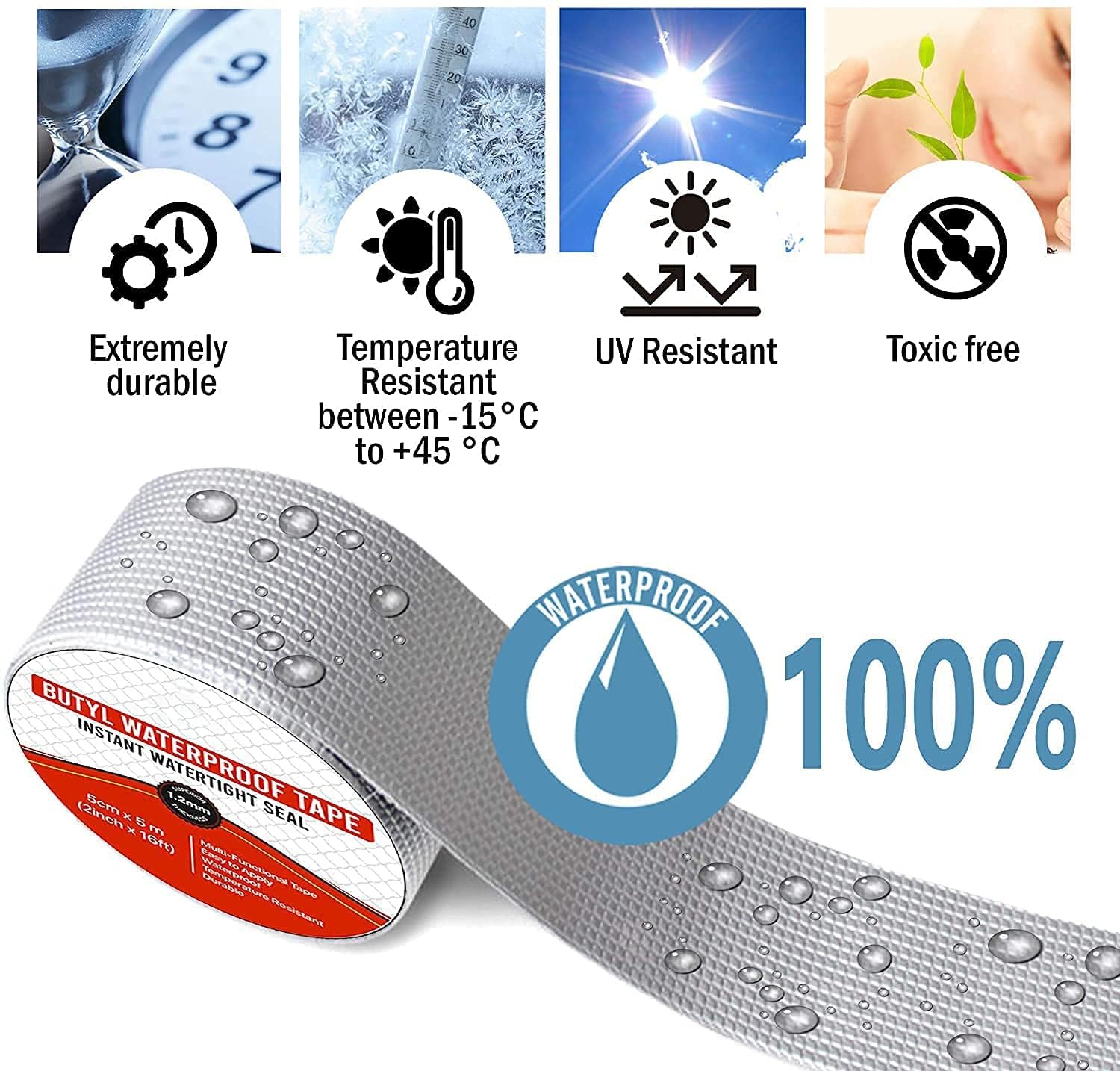 MADRIC Leakage Repair Waterproof Tape for Pipe Leakage Roof Water Leakage Solution Aluminium Foil Tape Waterproof Adhesive Tape Sealing Butyl Rubber Tape for Leakage (5CM*5M (PACK OF 4) 4