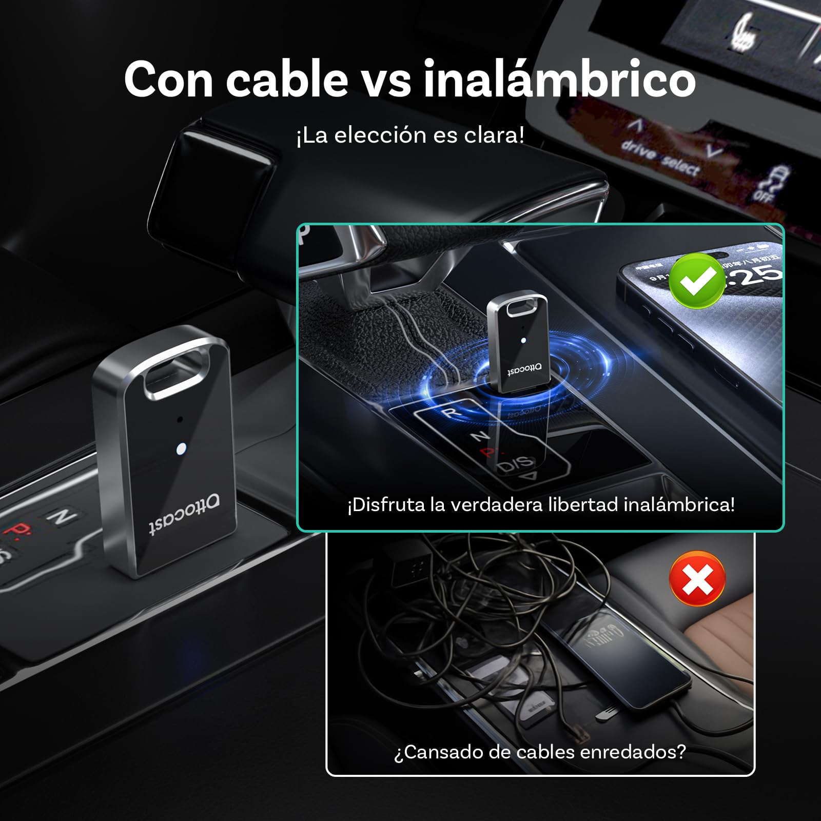 (Nuevo Modelo 2025) OTTOCAST Adaptador Inalámbrico 2 en 1 Carplay Android Auto, OTTO CAST Mini Edge para iOS 10+ y Android 11+, Plug & Play para Coches con Carplay/Android Auto de Fábrica con Cable