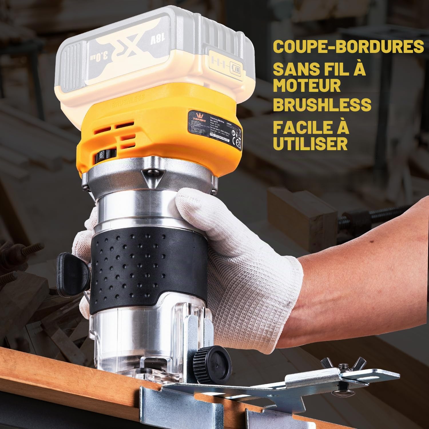 TOPWAY Défonceuse à bois portative sans fil 18 V – Compatible avec la batterie DeWa DCB184, vitesse variable, 3 pinces (1/4 po, 6 mm, 8 mm), base de coupe, sans batterie 102775