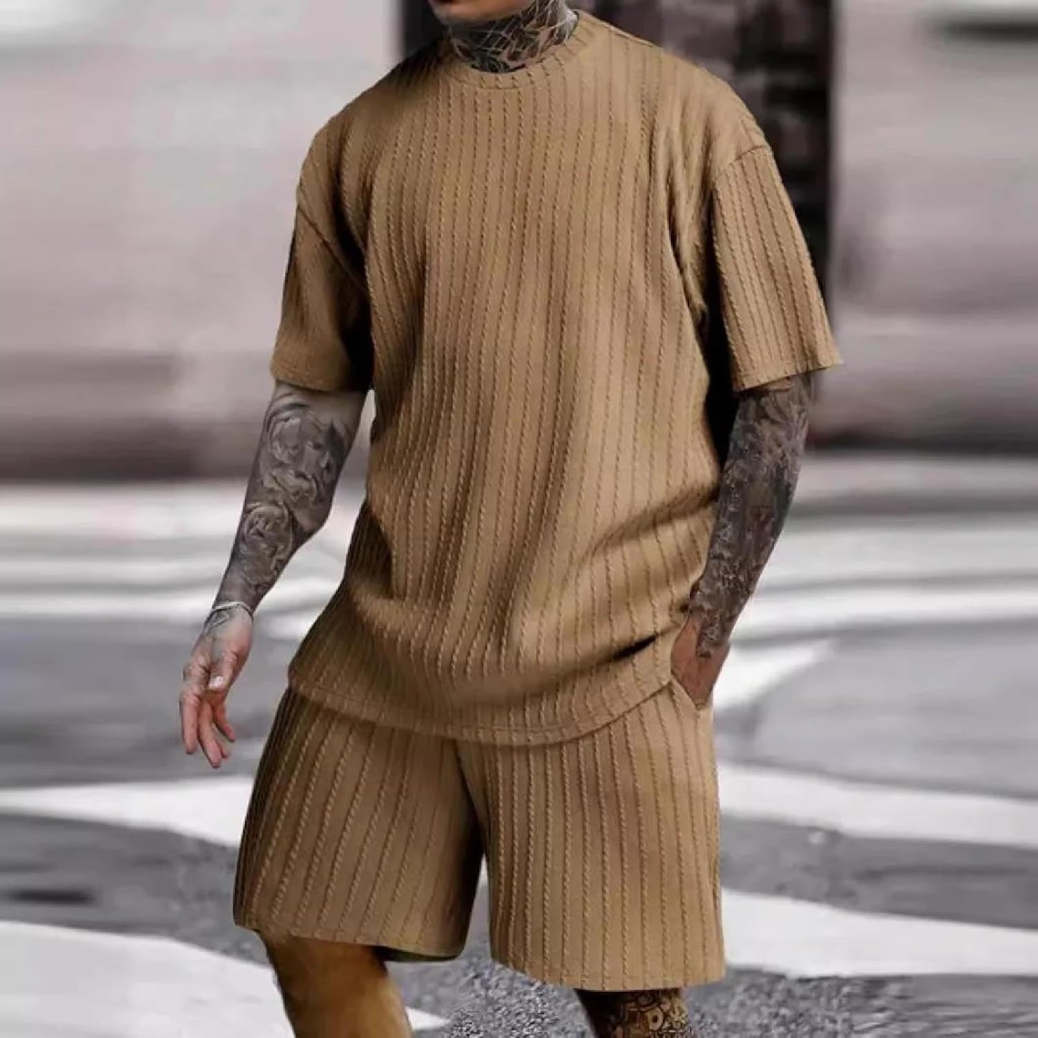 Men's Solid Color Crew Neck T-Shirt And Casual Shorts Set Loose Fit Lightweight 2-Piece Outfit For Home Beach