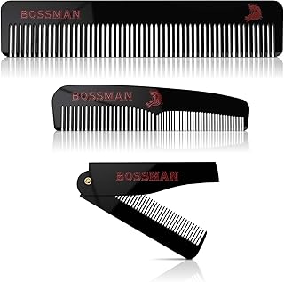 Bossman Acetate Beard, Mustache, & Hair Comb Set of 3 - Combs for Men with Minimalistic Magnetic Box (7.5-Inch, 5-Inch, 3.5-Inch) - Features Rounded Teeth, Double-Sided Teeth, and Foldable Design