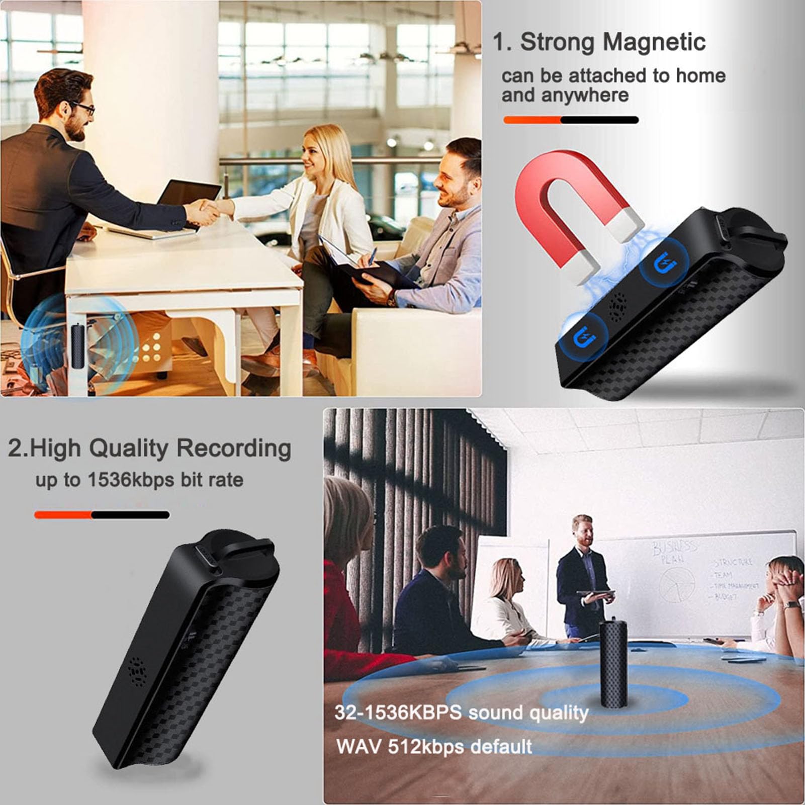 Bewinner Grabadora de Voz Magnética, Grabadora de Voz AI, Reducción de Ruido Triple Inteligente AI, Grabación Continua de 334 H, Pequeña Digital Activada por Voz para Reuniones, (128GB)