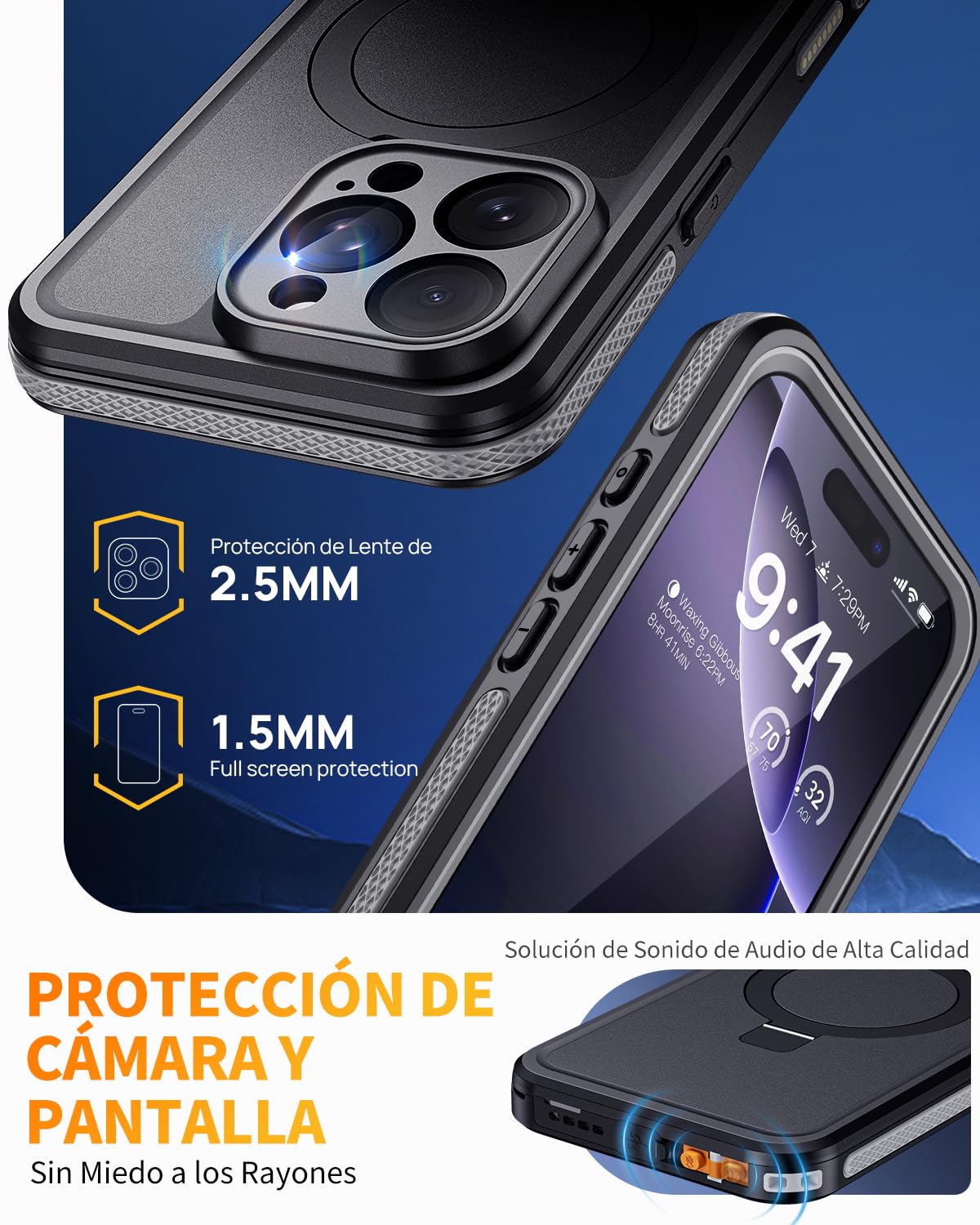 Funda para iPhone 16 Pro Impermeable con Soporte, IP68 Estanca Carcasa con MagSafe, 360° Protectora Antigolpes Antipolvo, Sumergible Acuatica Waterproof Case para iPhone 16 Pro, Negro