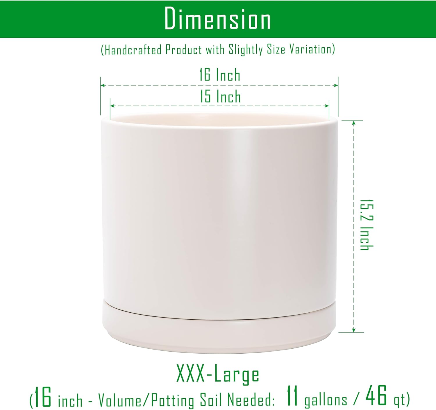 D'vine Dev 16 Inch Ceramic Planter Pot with Drainage Hole and Saucer, Indoor Cylinder Round Planter Pot, Oatmeal, 94-O-H-8
