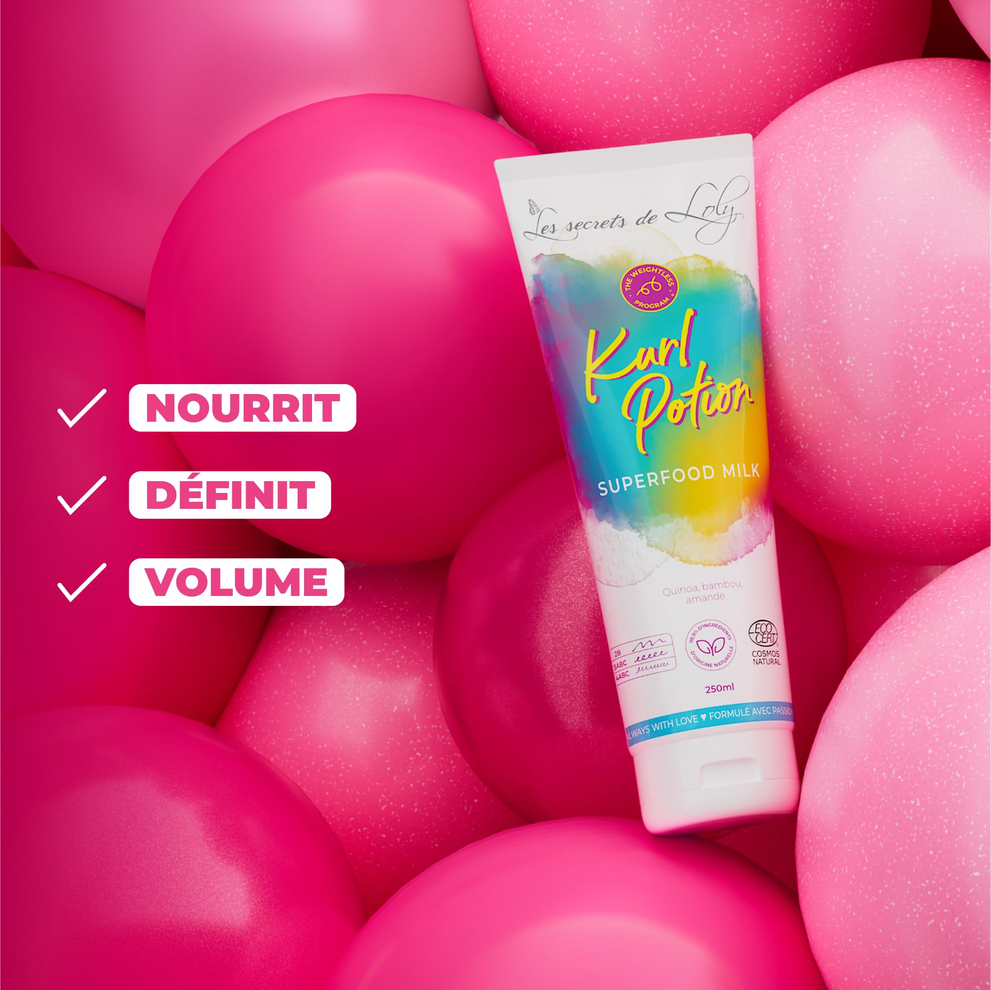 Les Secrets de Loly – Kurl Potion – Leave-in/lait sans rinçage Définition & nutrition – Cheveux ondulés, bouclés et frisés – +98% d'origine naturelle – 250 ml