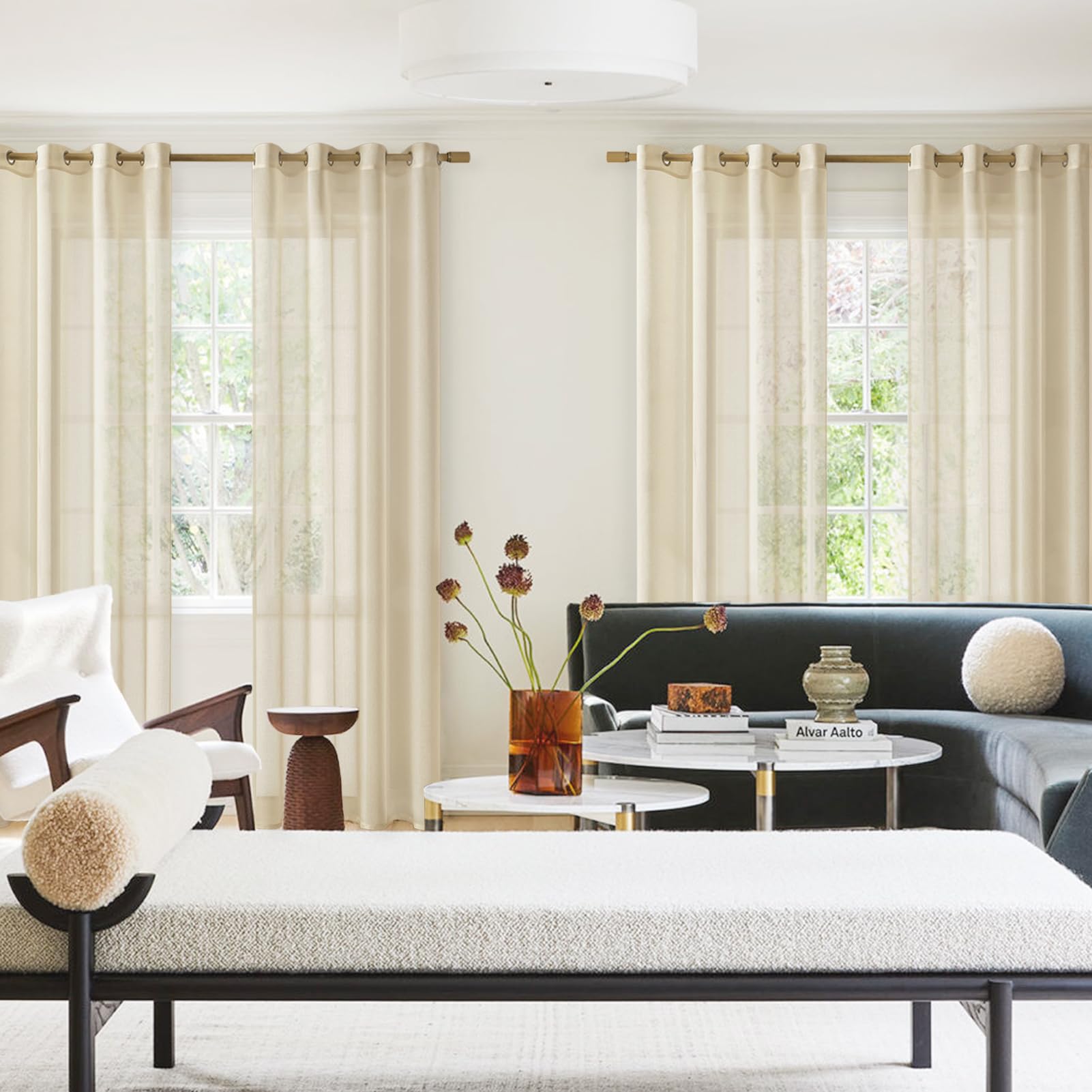 Softalker Gardine Beige Vorhänge mit Ösen Stores Schals Gardienen 160 x 140 cm Gardinenschal 2er Set übergardinen Vorhang Kurz Fenster Transparent Curtains für Gardinenstange