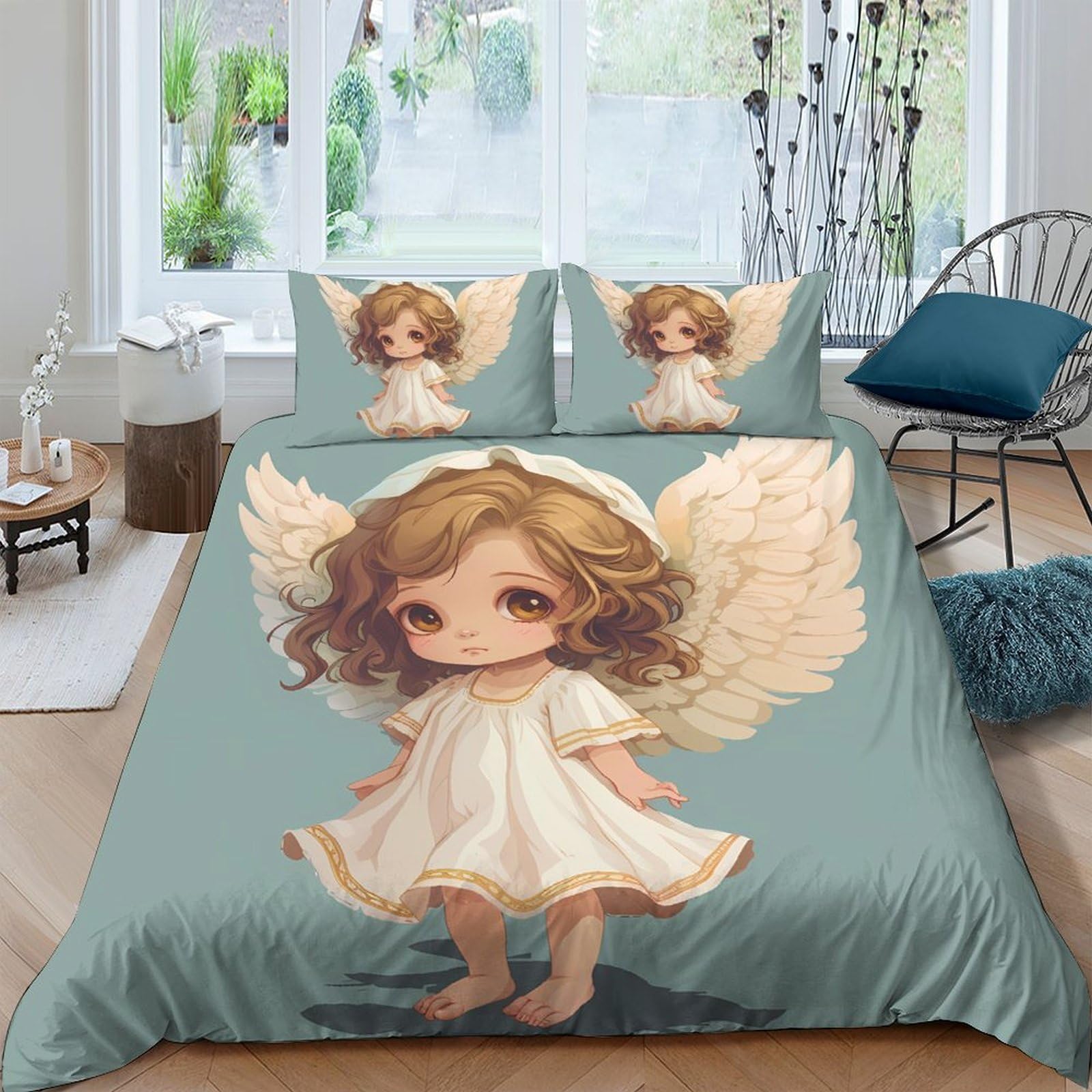 Ctjqhvkz Style-5 3D Printed Angel Cartoon Fitted Sheet Microfiber Dustproof Blue Mattress Cover For Bedroom Dorm Guest Room Decor Single（135X200cm）