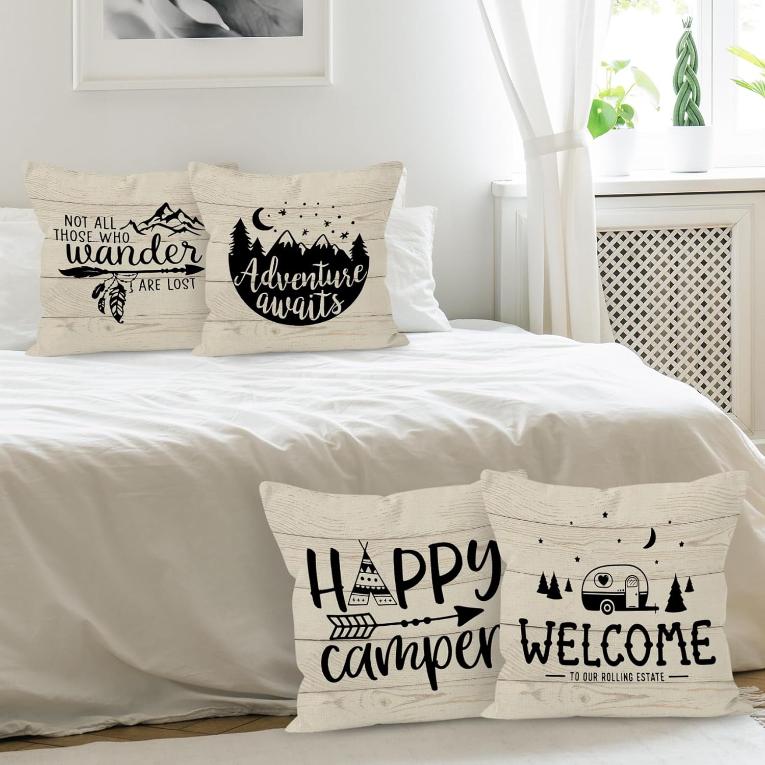 Happy Camper Camping Welcome Decorative Throw Pillow Covers, Adventure Awaits Pillow Cases Set of 4, 18 x 18 Inch Home RV Decor - Image 3