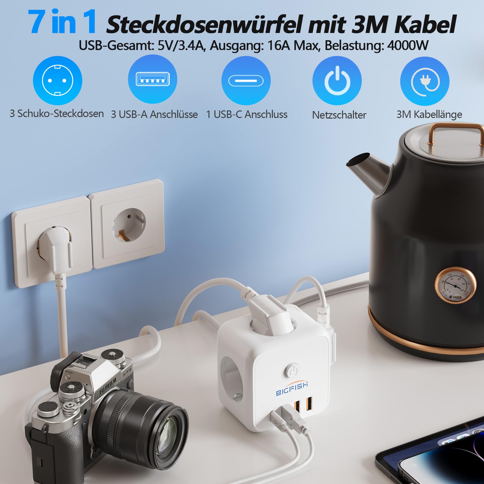 Bigfish Listwa zasilająca z 3 gniazdami USB C, z 4 gniazdami USB, kostka z kablem o długości 3 m, z przełącznikiem, do biura i domu