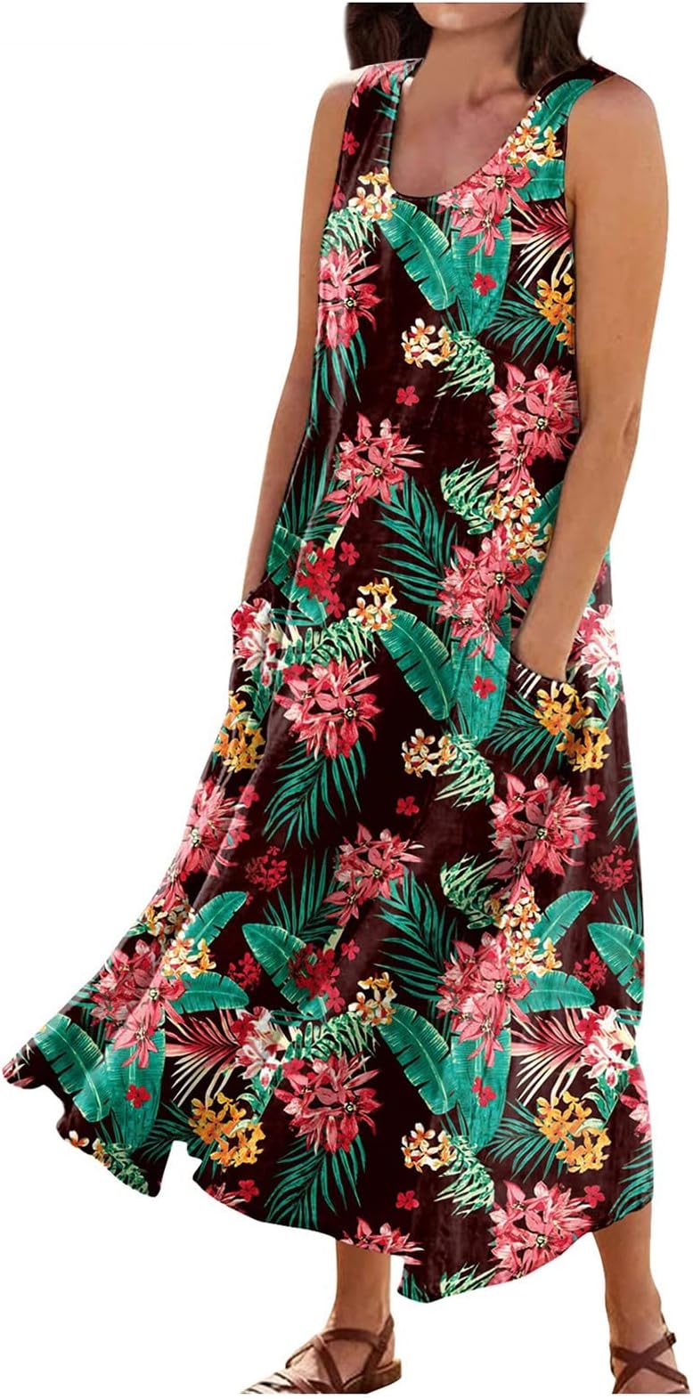 DealinM Dresses for Women 2023 Round Neck Sleeveless Beach Dress Star Patchwork Color Printed Relaxed Fit Swing Tank Dress