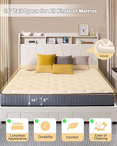 Miniatura 5 de Base de cama Queen con plataforma LED tapizada de terciopelo con almacenamiento de cabecero, cama Queen con estación de carga integrada con 2