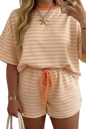 Ecosunny Womens 2 Piece Lounge Sets Round Neck Stripe Drop Shoulder T Shirt and Shorts Plus Size Summer Sweatsuit with Pocket