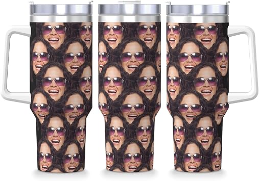 Custom Face Photo Text 40 Oz Insulated Coffee Tumbler with Handle and Straw Lid, Funny Pictures Stainless Steel Travel Mug Cup Customziable for Women Men Party Birthday Gifts