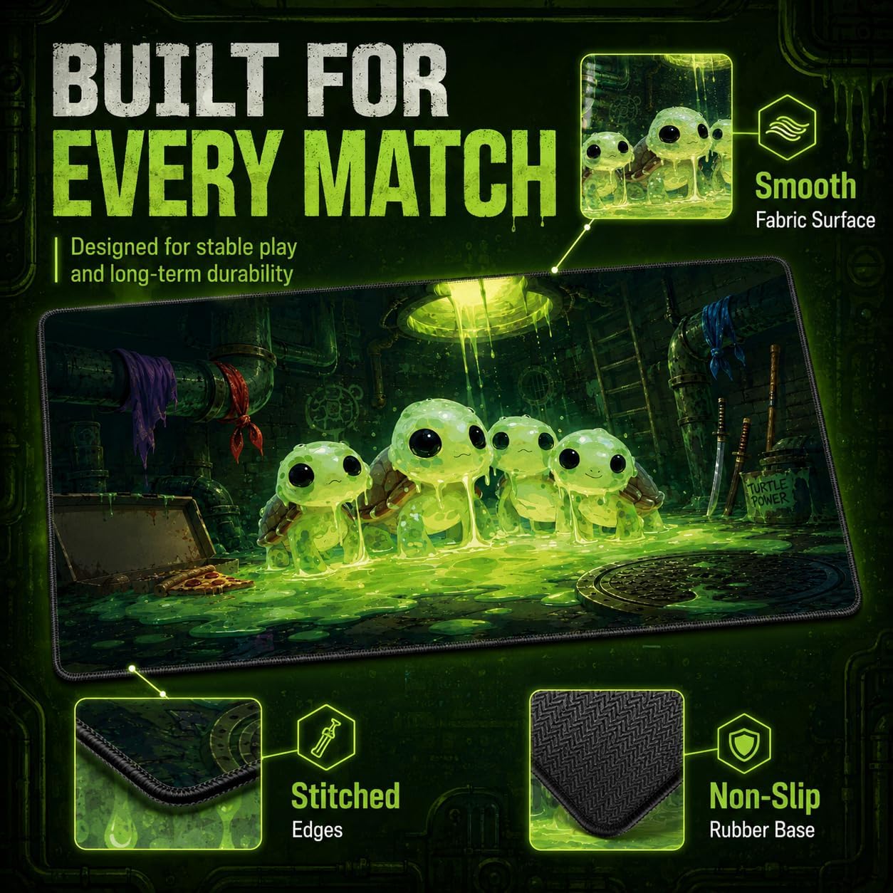 24"x14" MTG Playmat Bundle with Fluorescent Green Sci-Fi Storage Tube, Mini Dice Tube & 7 Polyhedral Dice - Non-Slip Rubber TCG Mat (Ooze Mutants, Mutant Series) image 4