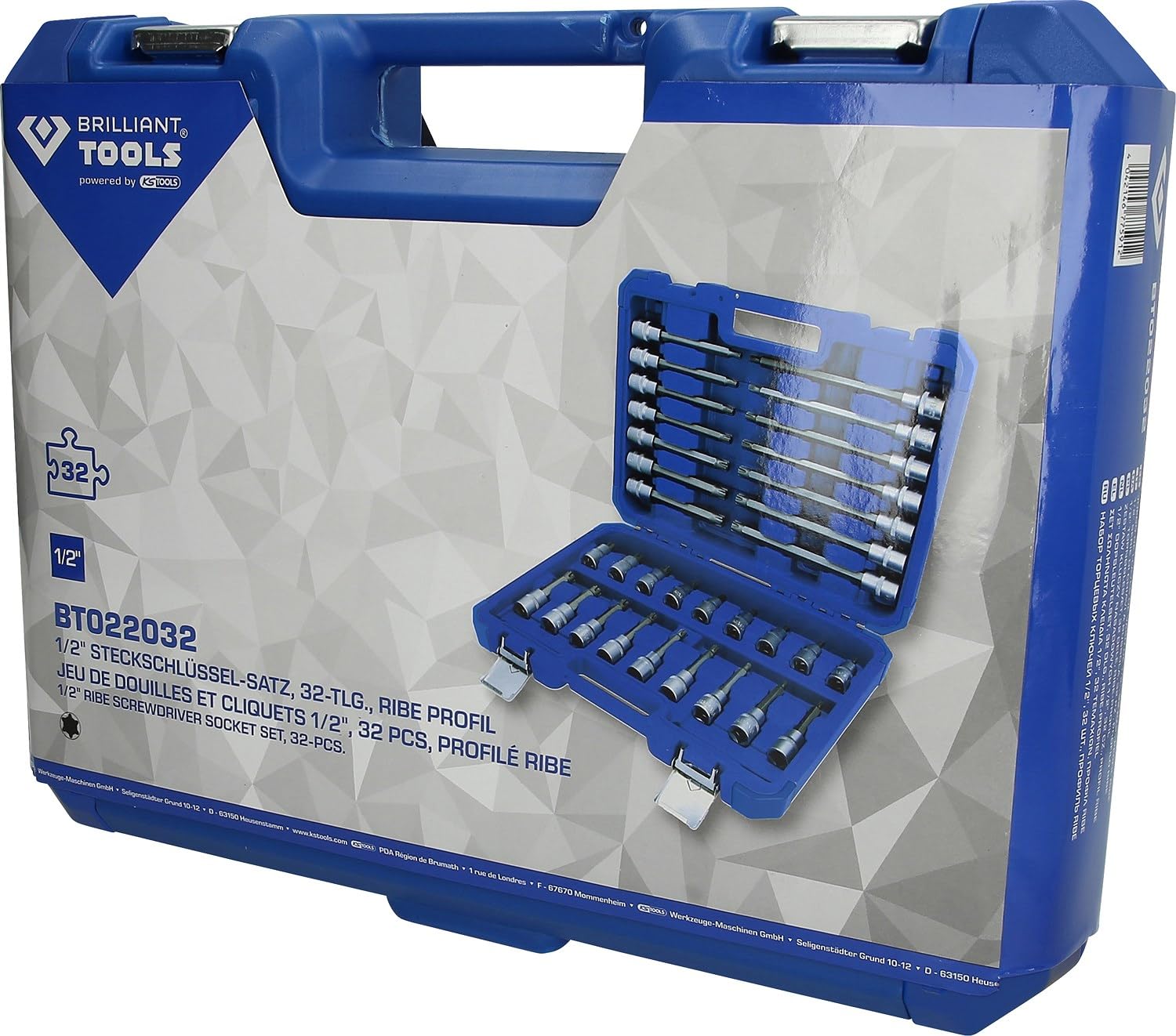 Coffret de Clés à Douilles 1/2" - 32 Pièces BT022032 Profil RIBE - Tailles Clés à Douilles allant de M5 à M14 - Outils en Acier Chrome Vanadium de Haute Qualité - Fabriqué selon DIN - BRILLIANT TOOLS