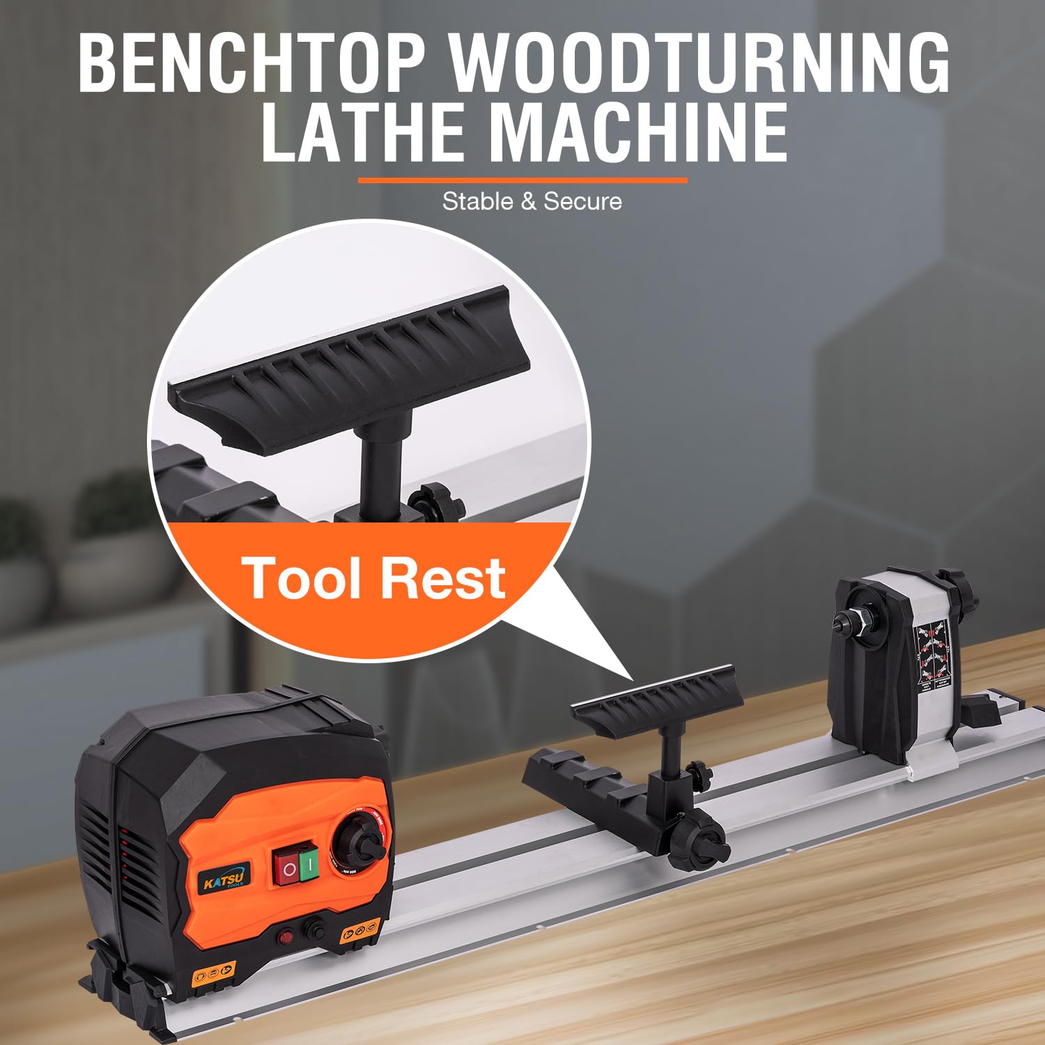 KATSU Mini tour à bois 550 W, vitesse variable, électrique, pour établi, longueur maximale de la pièce : 600 mm, pour projets de bricolage en menuiserie.
